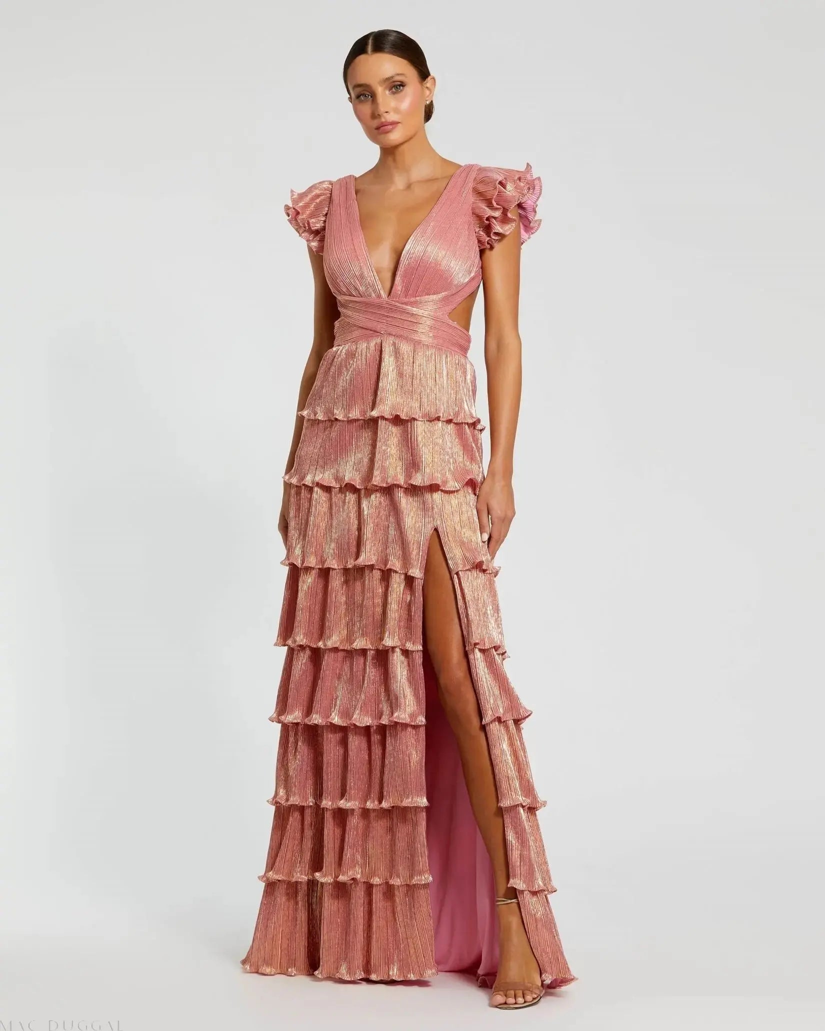 Pink Ruffle Tiered Criss Cross Lace Up Gown-Myartka