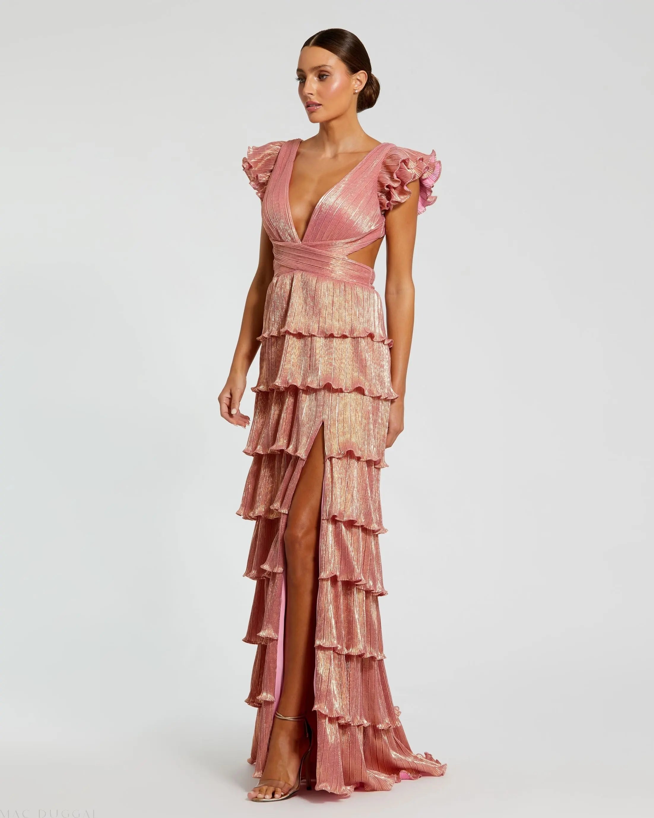 Pink Ruffle Tiered Criss Cross Lace Up Gown-Myartka