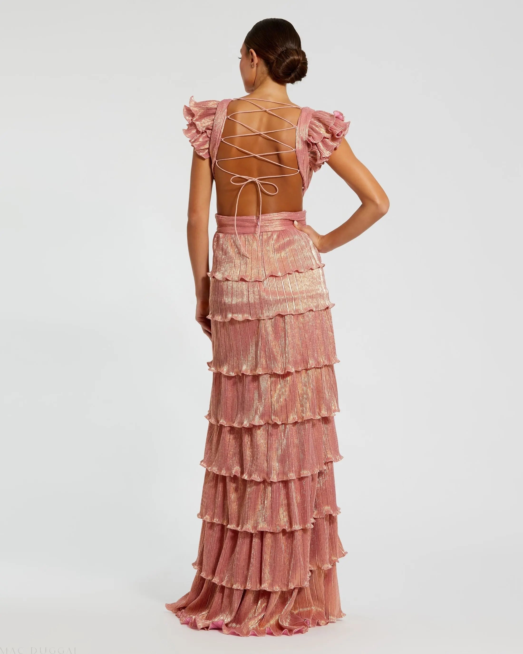 Pink Ruffle Tiered Criss Cross Lace Up Gown-Myartka