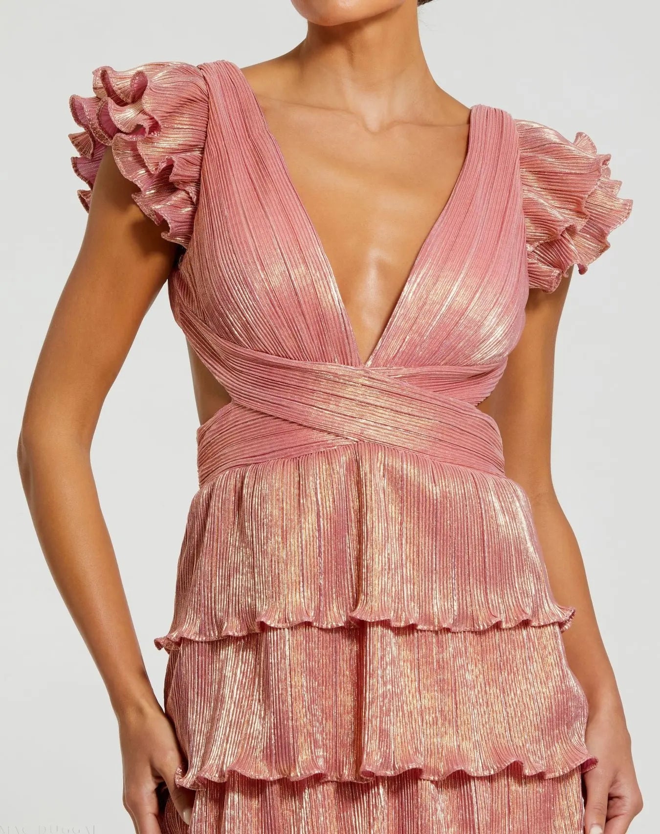 Pink Ruffle Tiered Criss Cross Lace Up Gown-Myartka