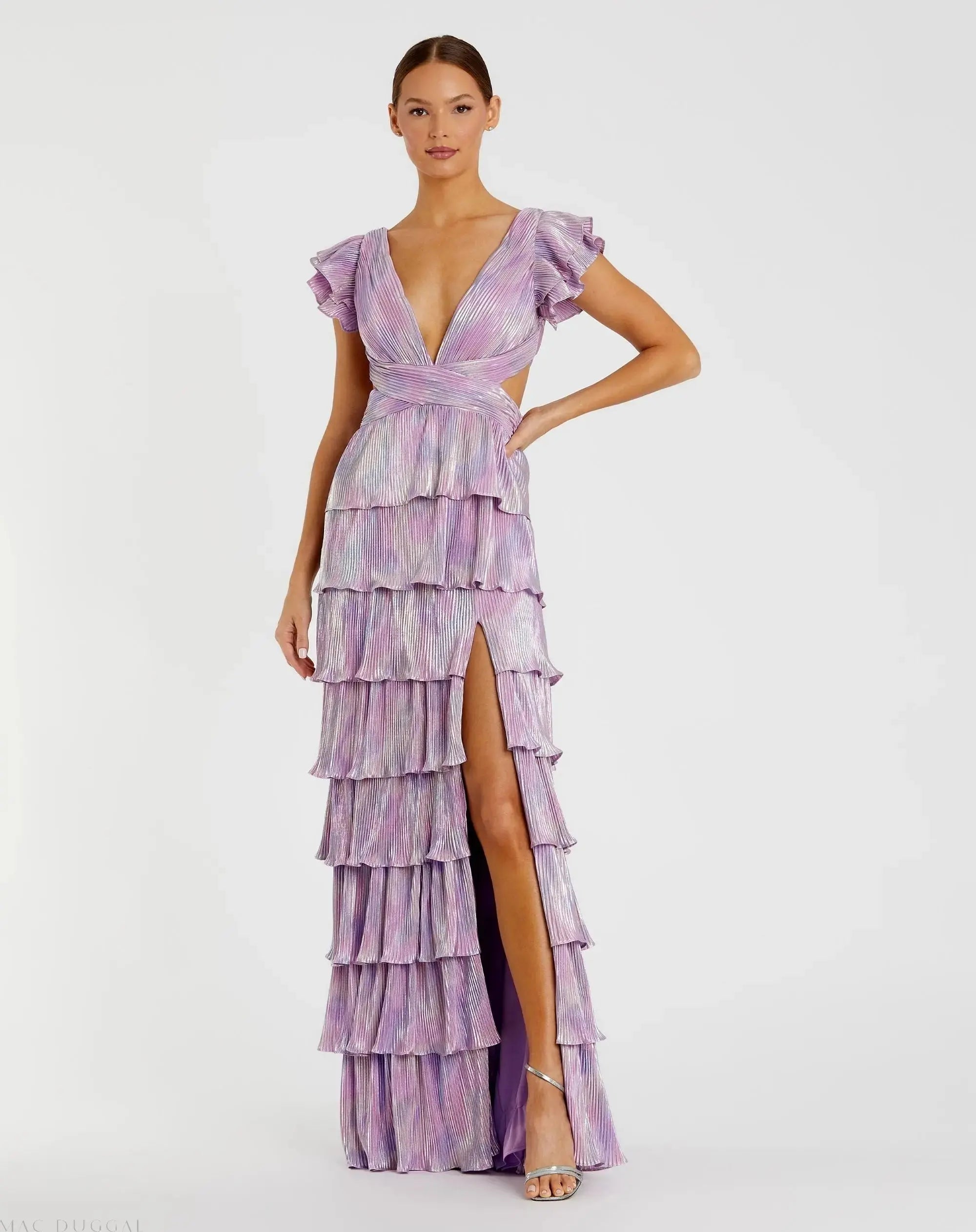 Purple Ruffle Tiered Criss Cross Lace Up Gown-Myartka