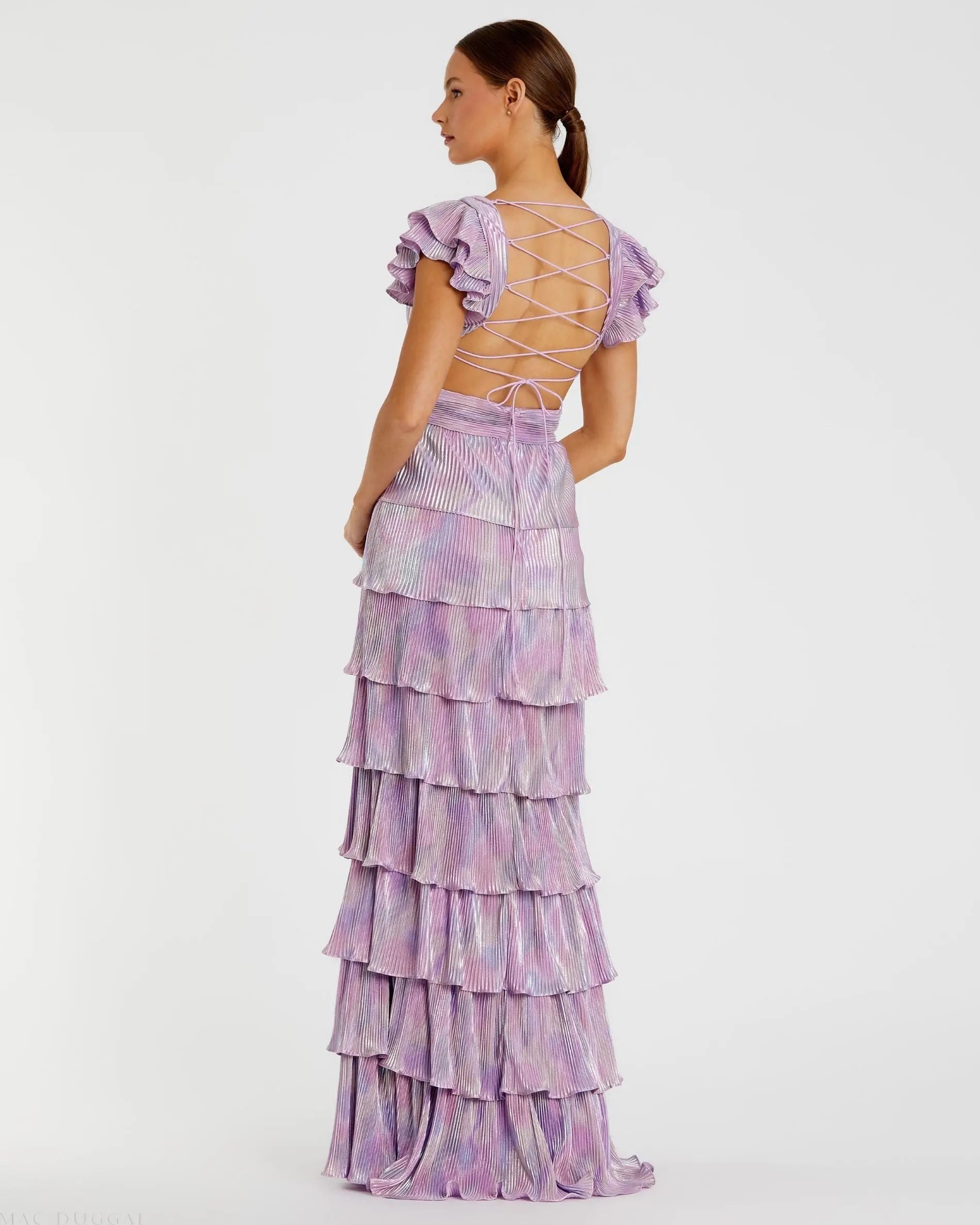 Purple Ruffle Tiered Criss Cross Lace Up Gown-Myartka