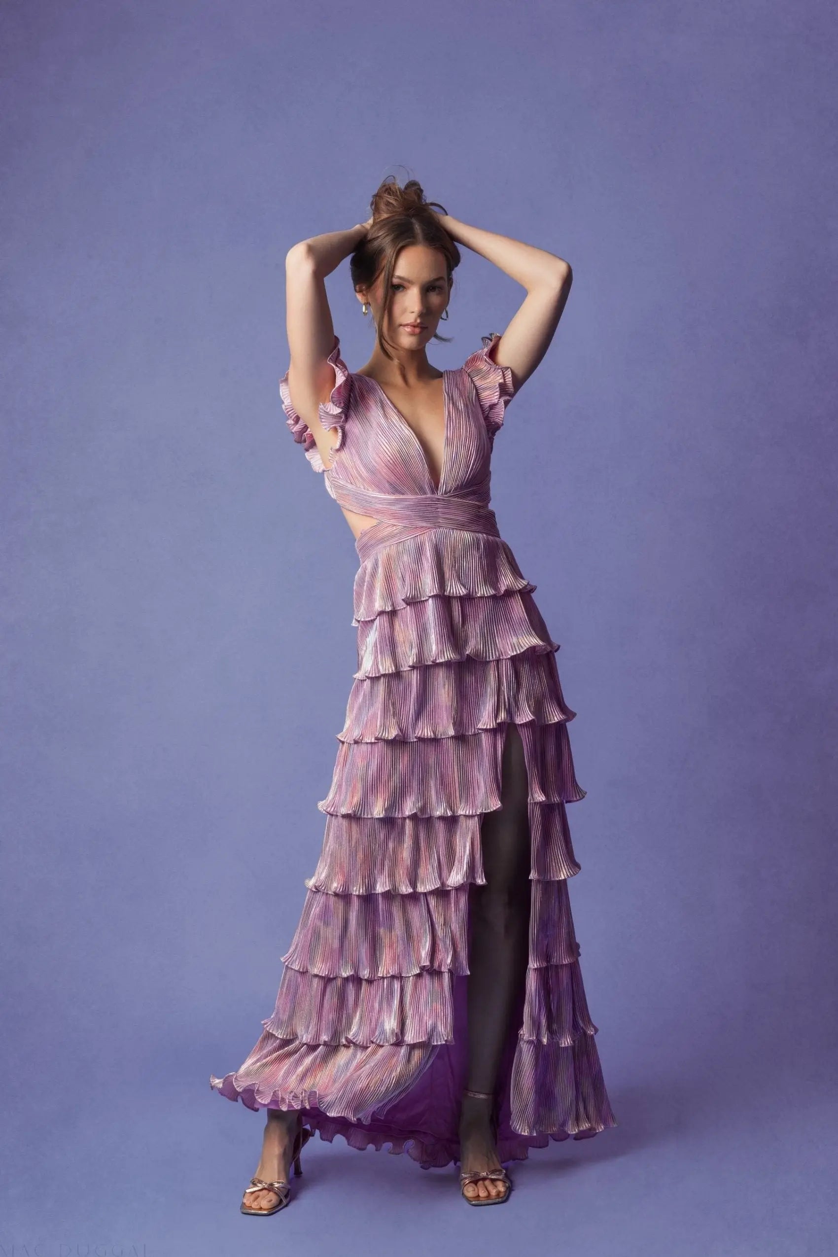 Purple Ruffle Tiered Criss Cross Lace Up Gown-Myartka
