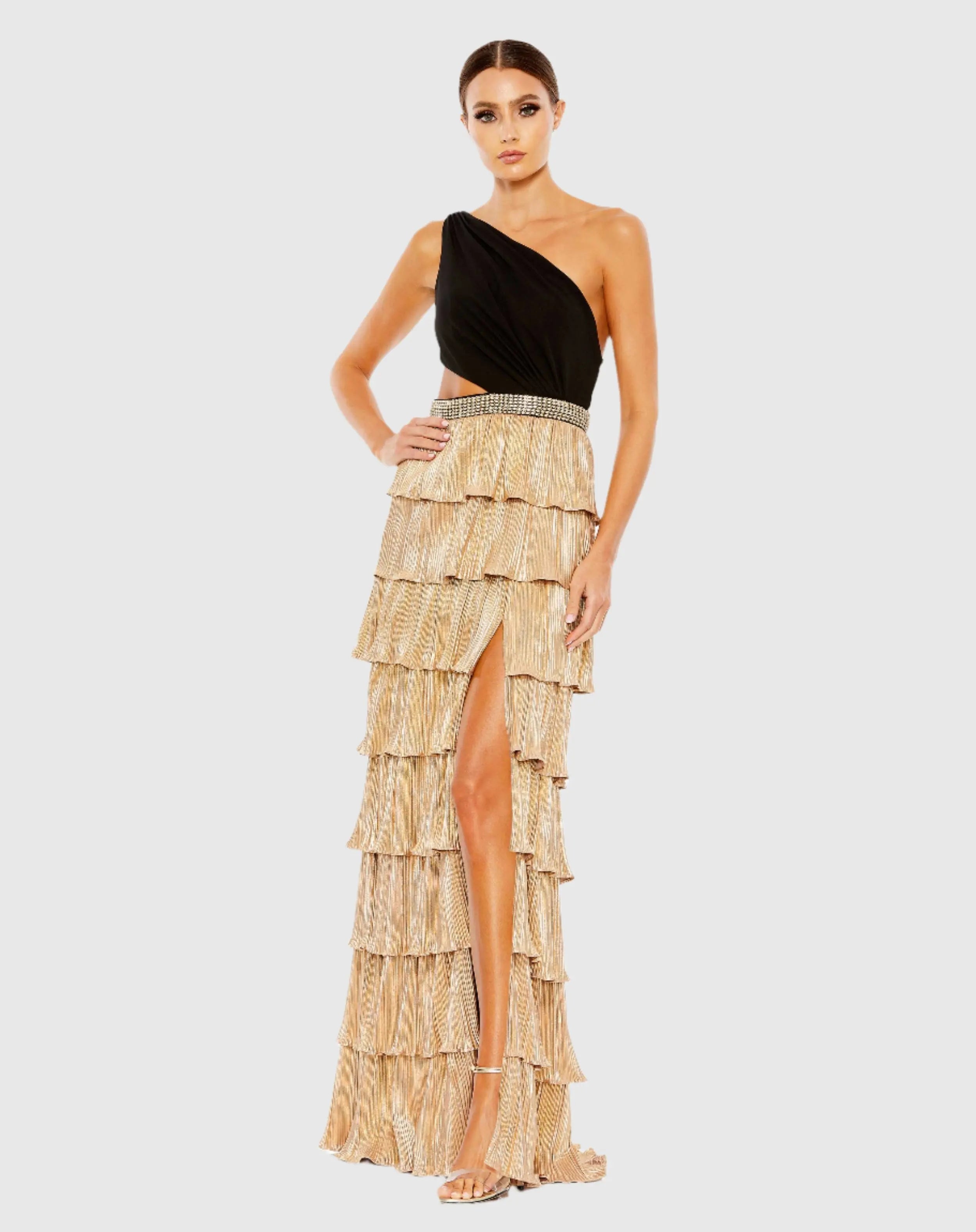 Black and Gold Tiered One Shoulder Gown-Myartka