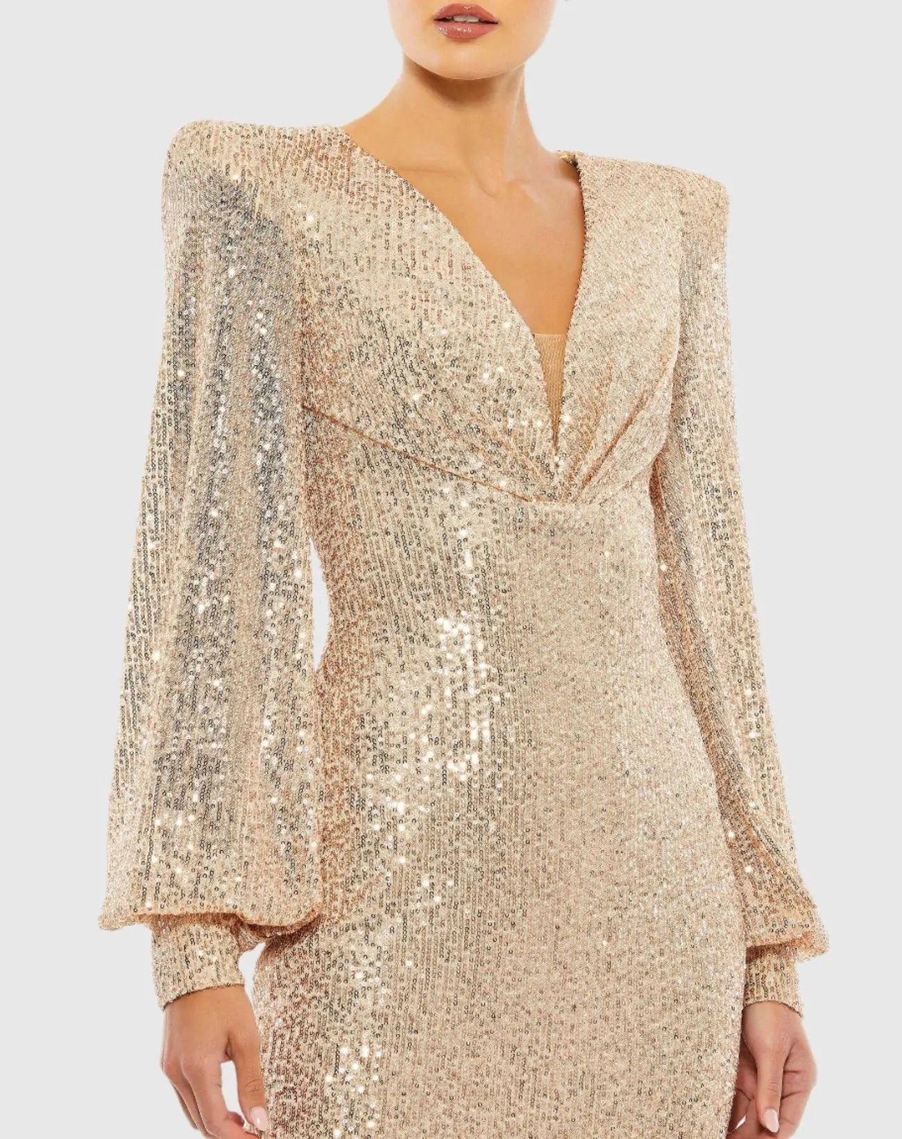Gold Sequined Structured Bishop Sleeve Mini Dress-Myartka