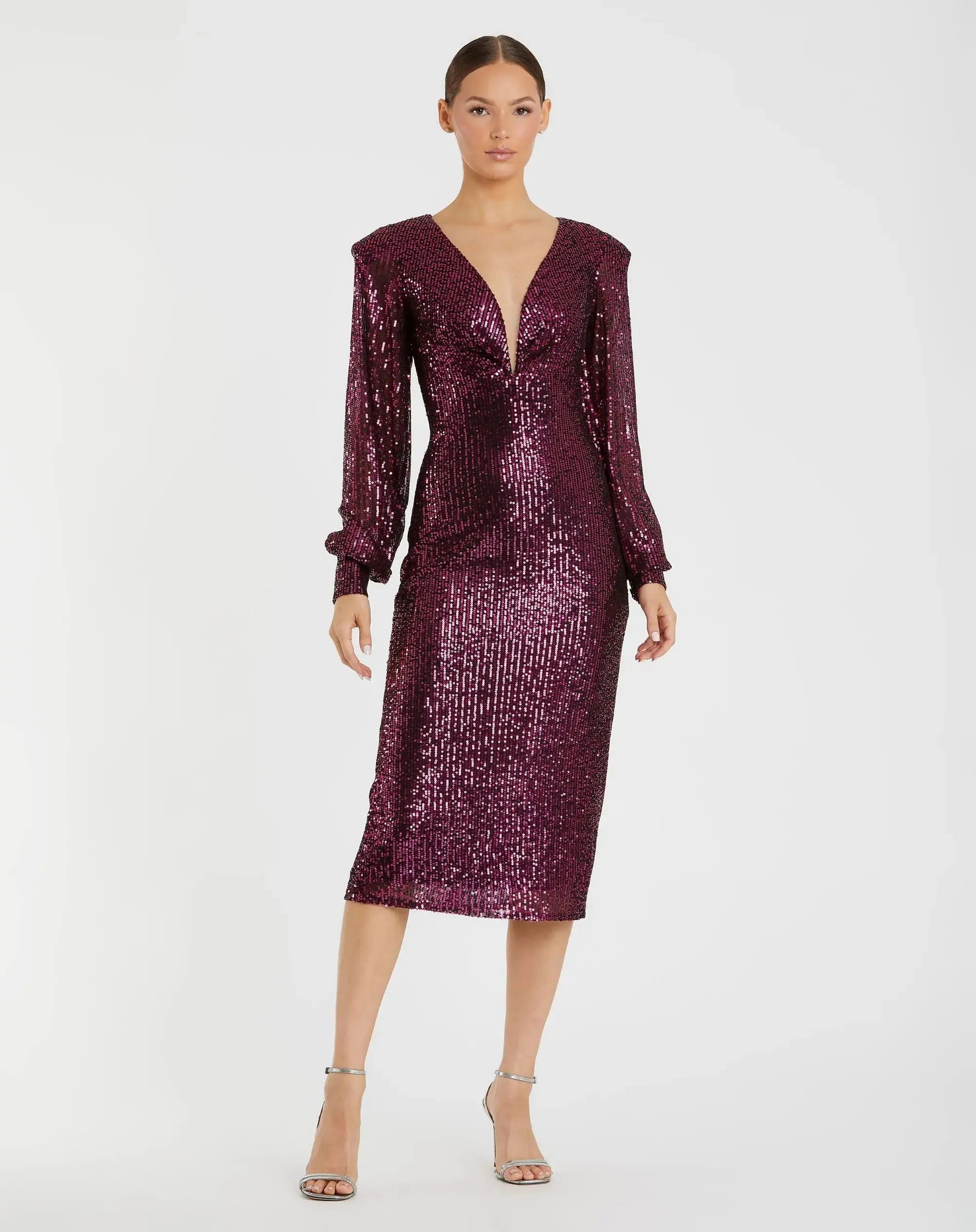 Sequined Structured Bishop Sleeve Midi Dress-Myartka