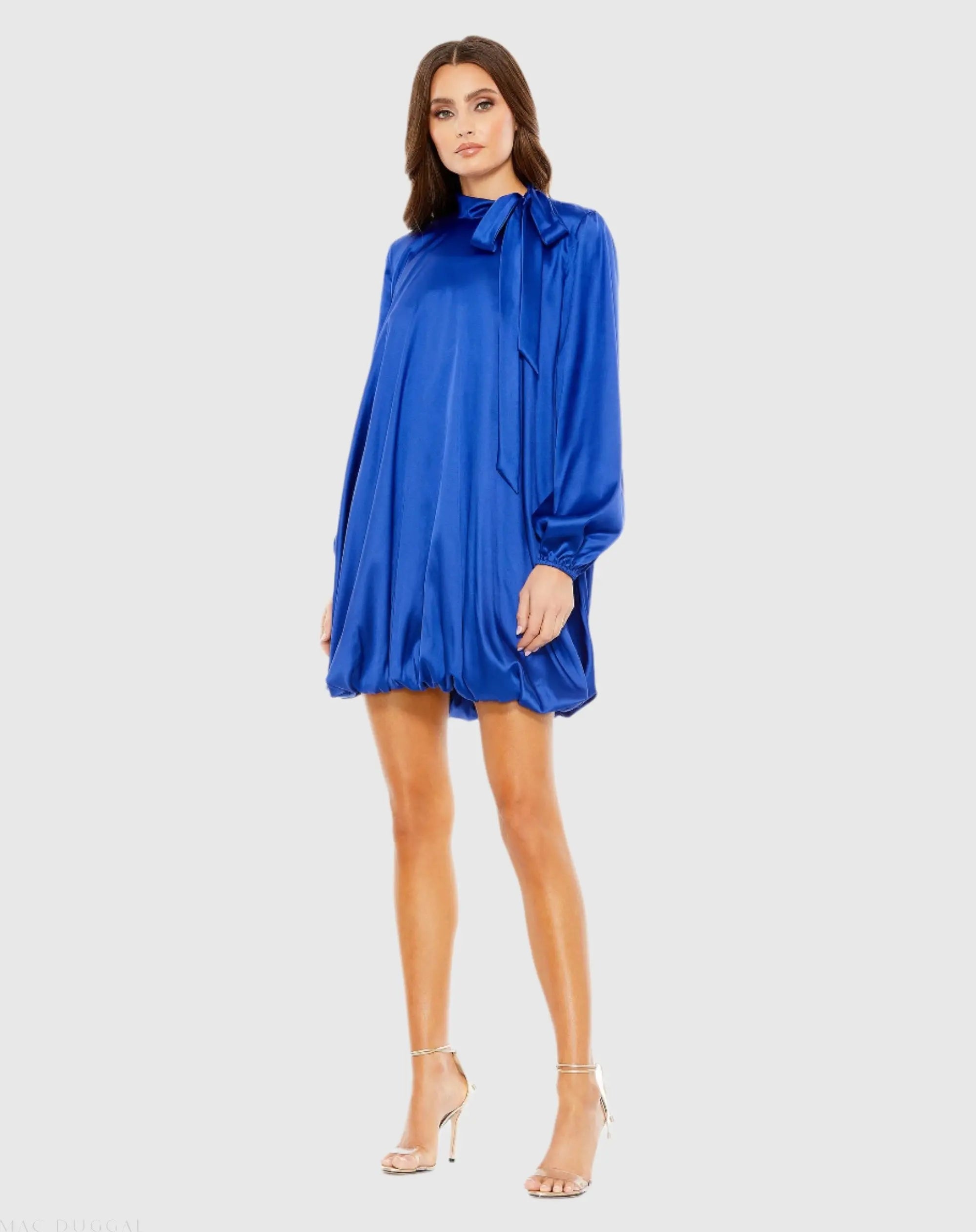 Blue High Neck Long Sleeve Bubble Hem Dress-Myartka