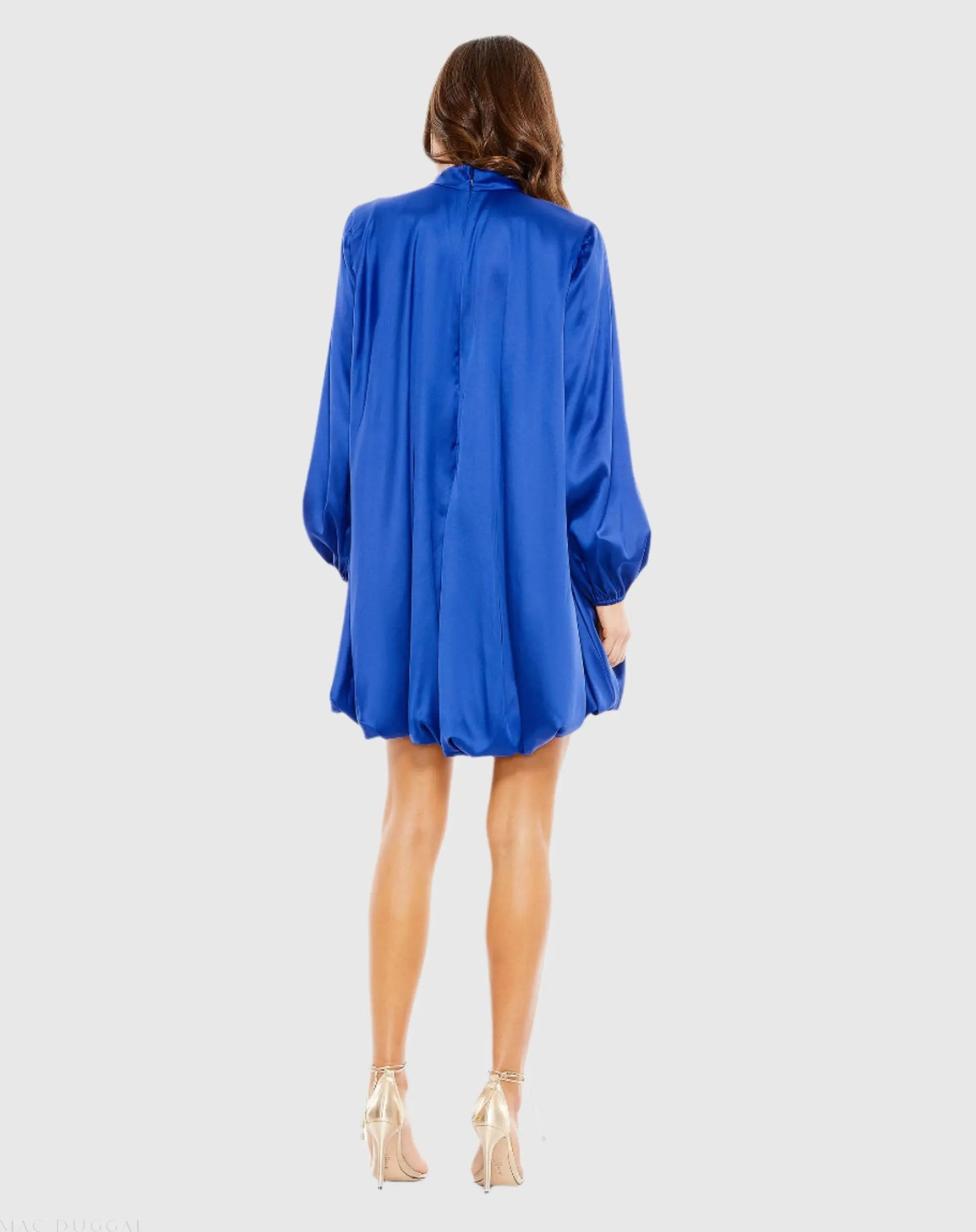 Blue High Neck Long Sleeve Bubble Hem Dress-Myartka