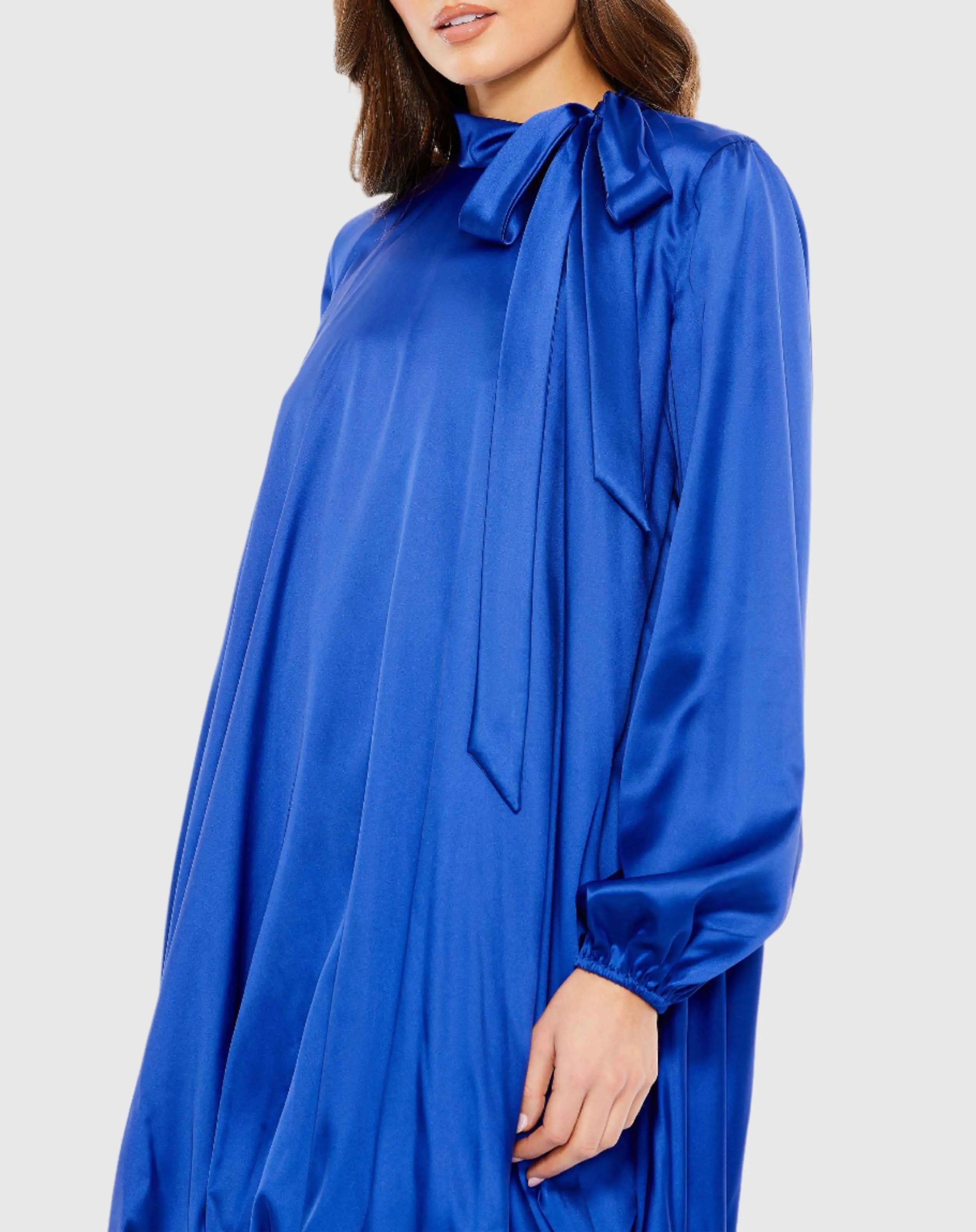 Blue High Neck Long Sleeve Bubble Hem Dress-Myartka
