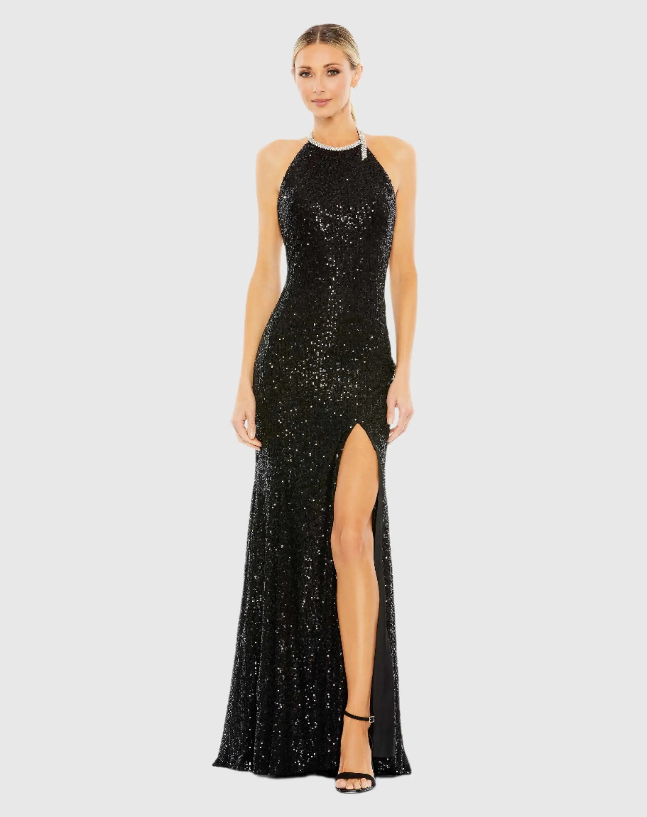 Black Sequined High Neck Rhinestone Trim Column Gown-Myartka