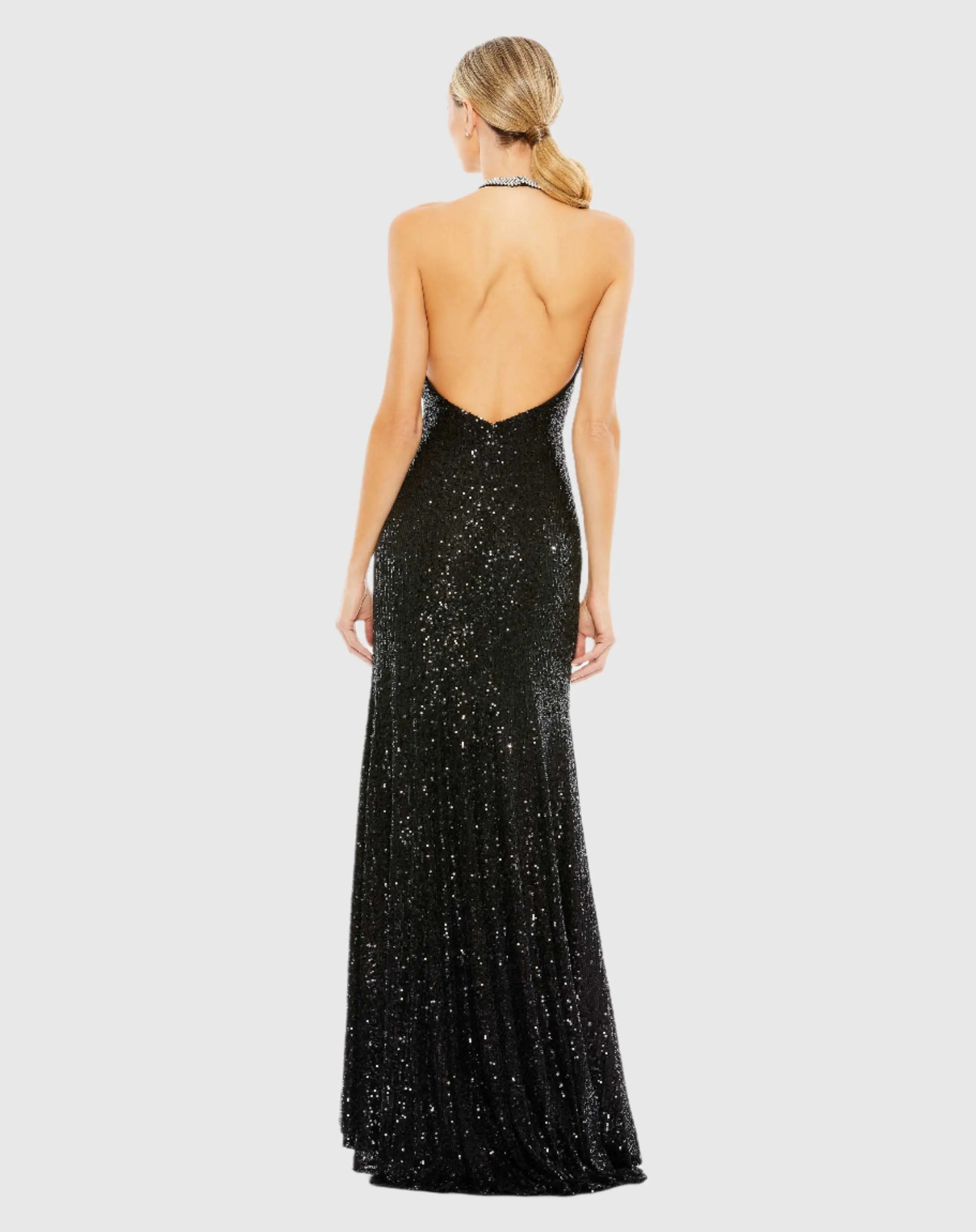 Black Sequined High Neck Rhinestone Trim Column Gown-Myartka