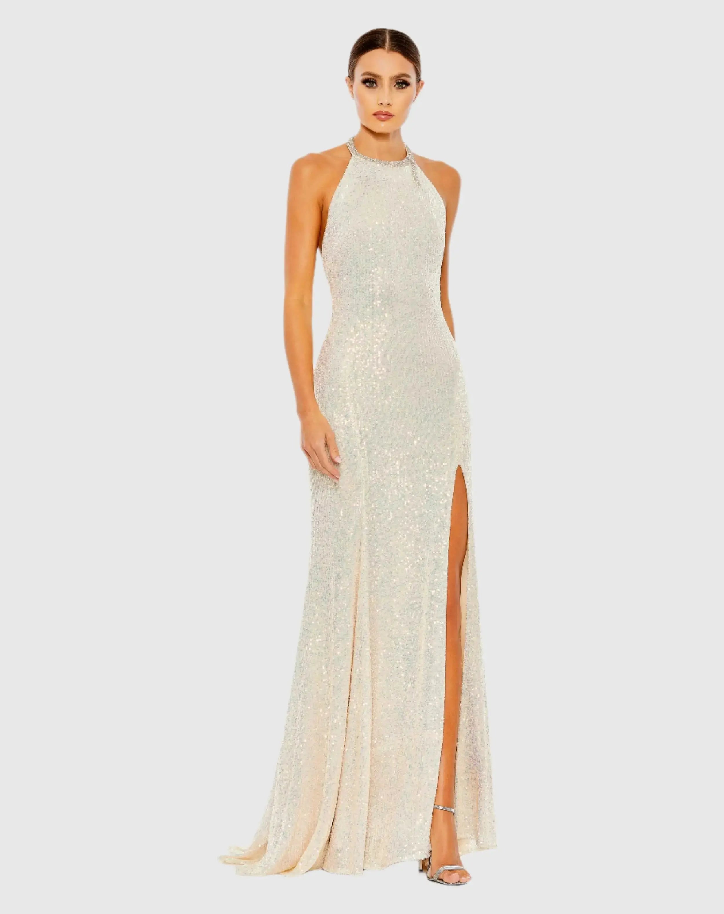 Sequined High Neck Rhinestone Trim Column Gown-Myartka