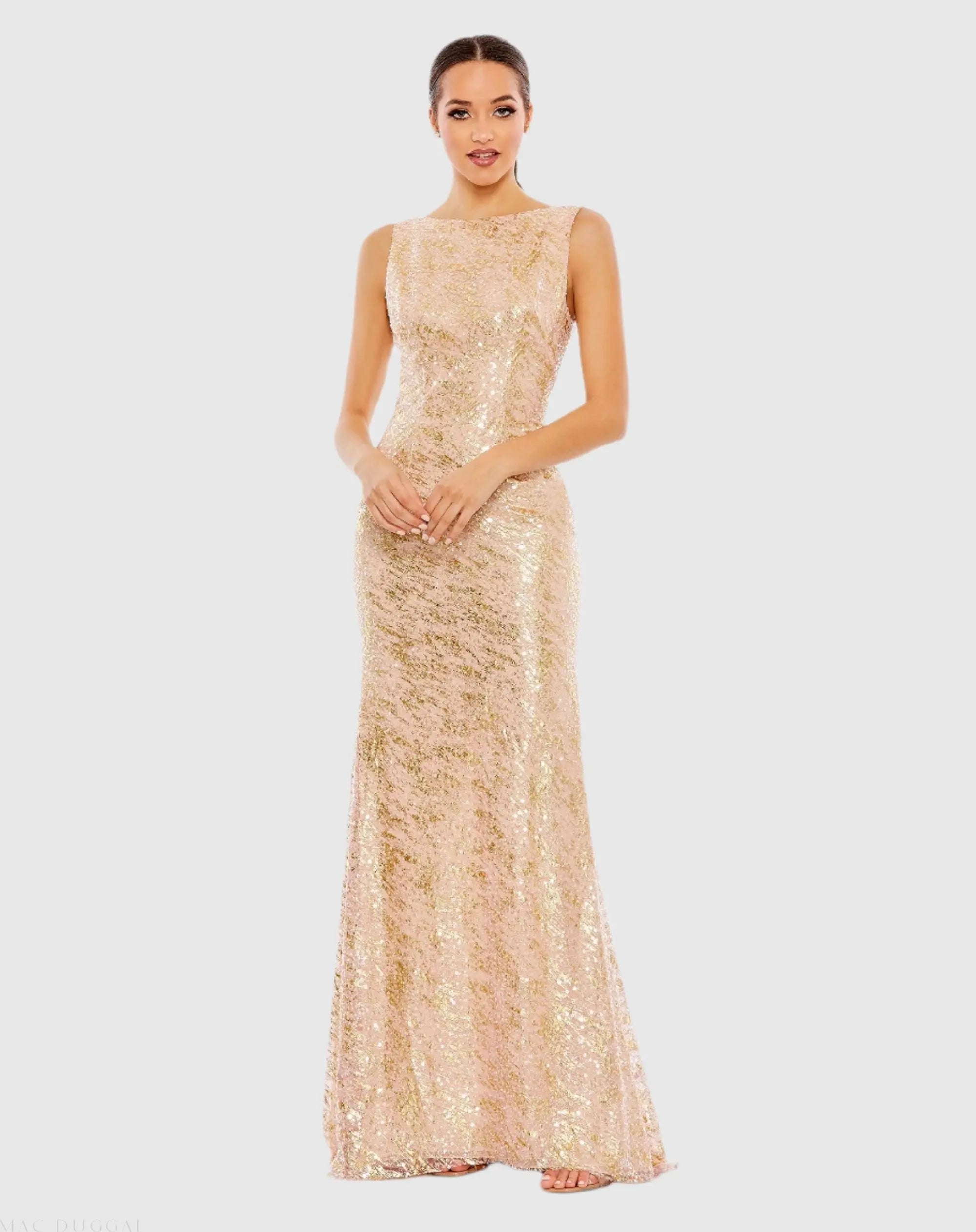 Pink Metallic Sequin Boat Neck Trumpet Gown with Cowl Back-Myartka