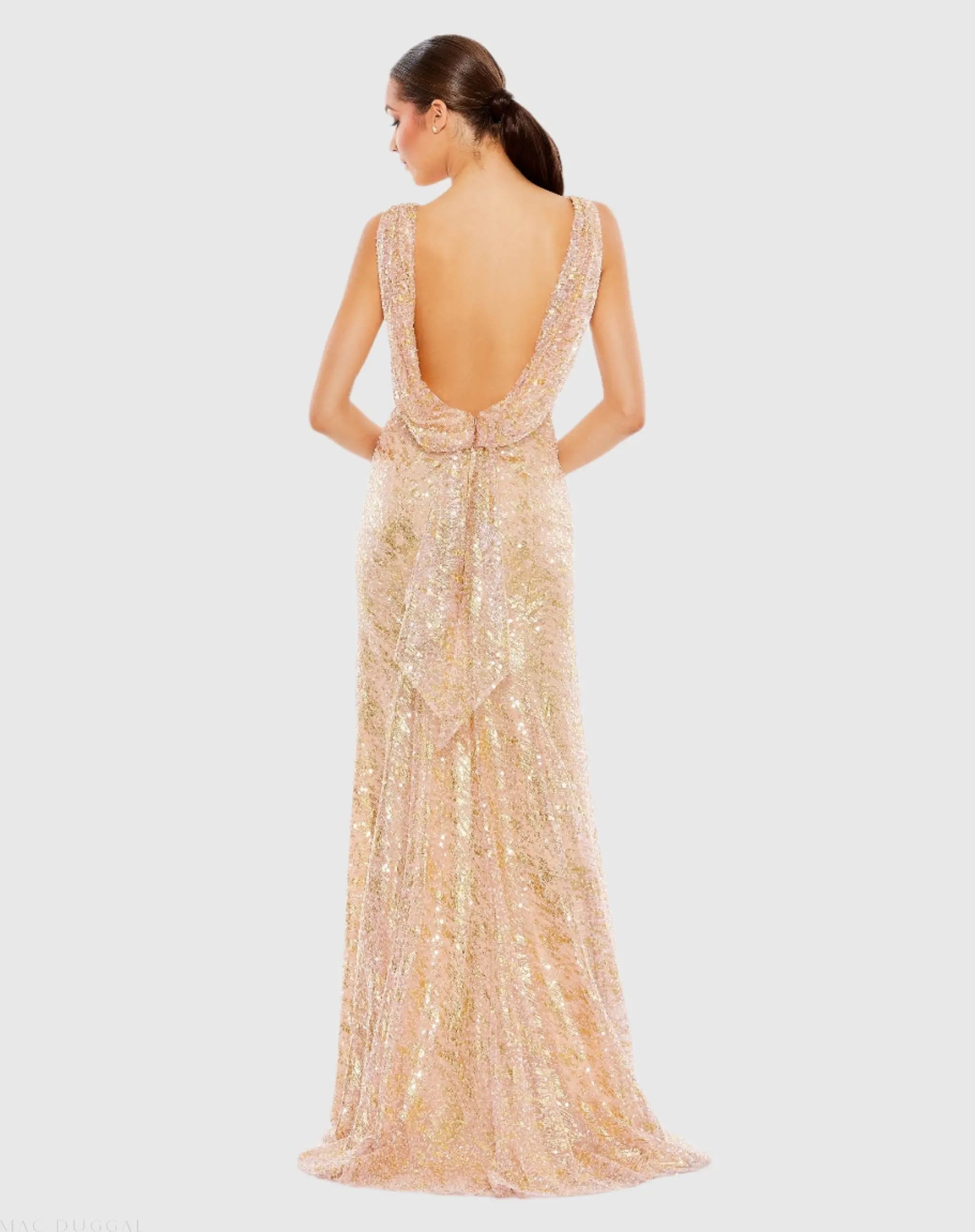 Pink Metallic Sequin Boat Neck Trumpet Gown with Cowl Back-Myartka