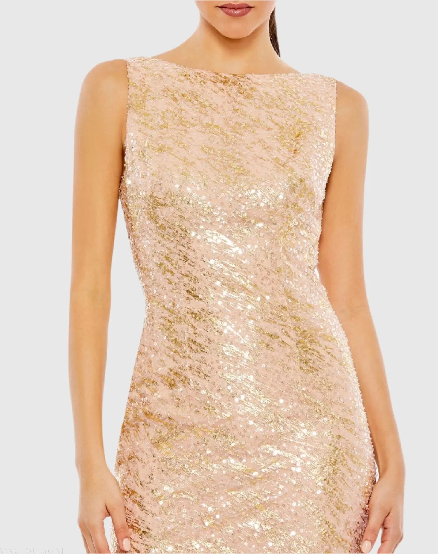 Pink Metallic Sequin Boat Neck Trumpet Gown with Cowl Back-Myartka