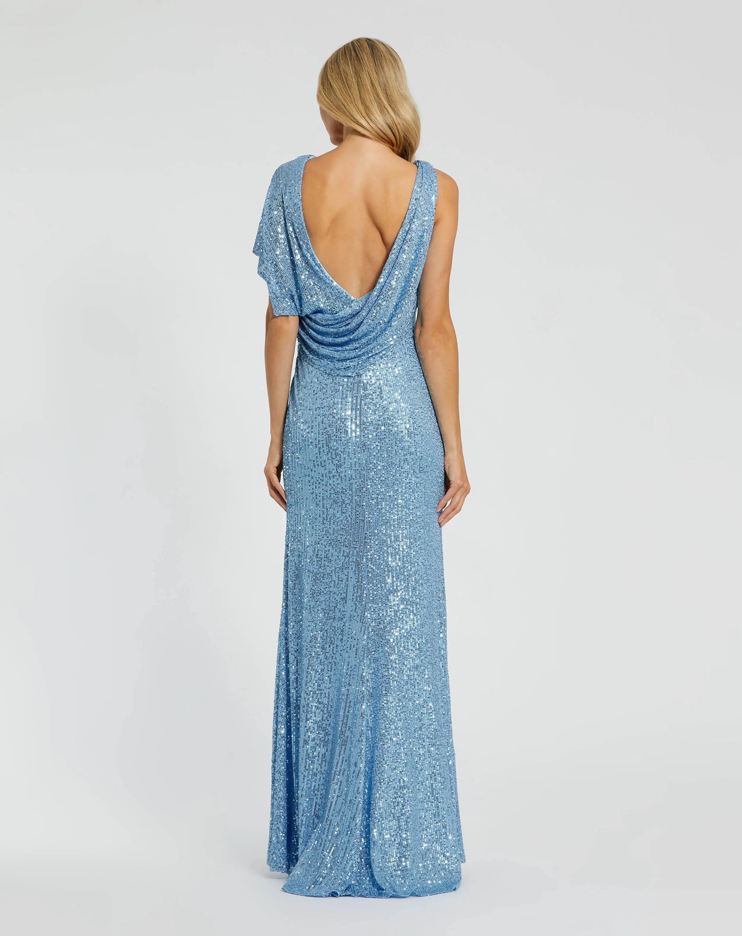 Blue Sequined Asymmetrical Draped Trumpet Gown-Myartka