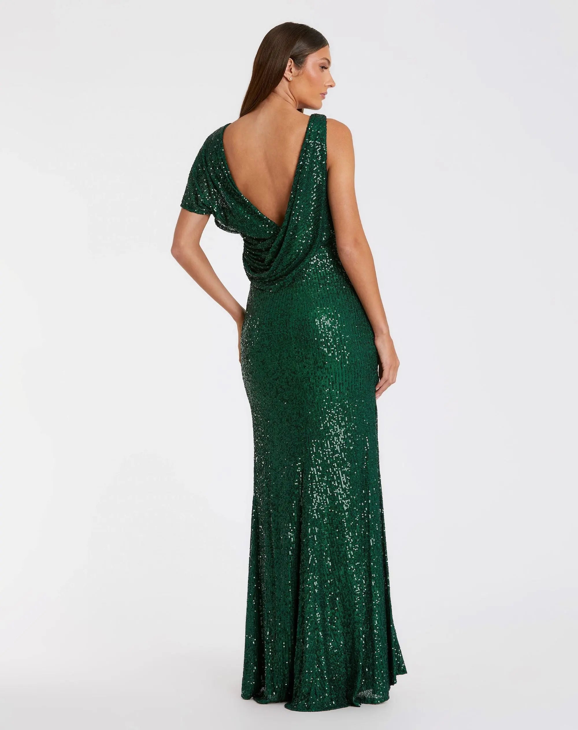 Green Sequined Asymmetrical Draped Trumpet Gown-Myartka