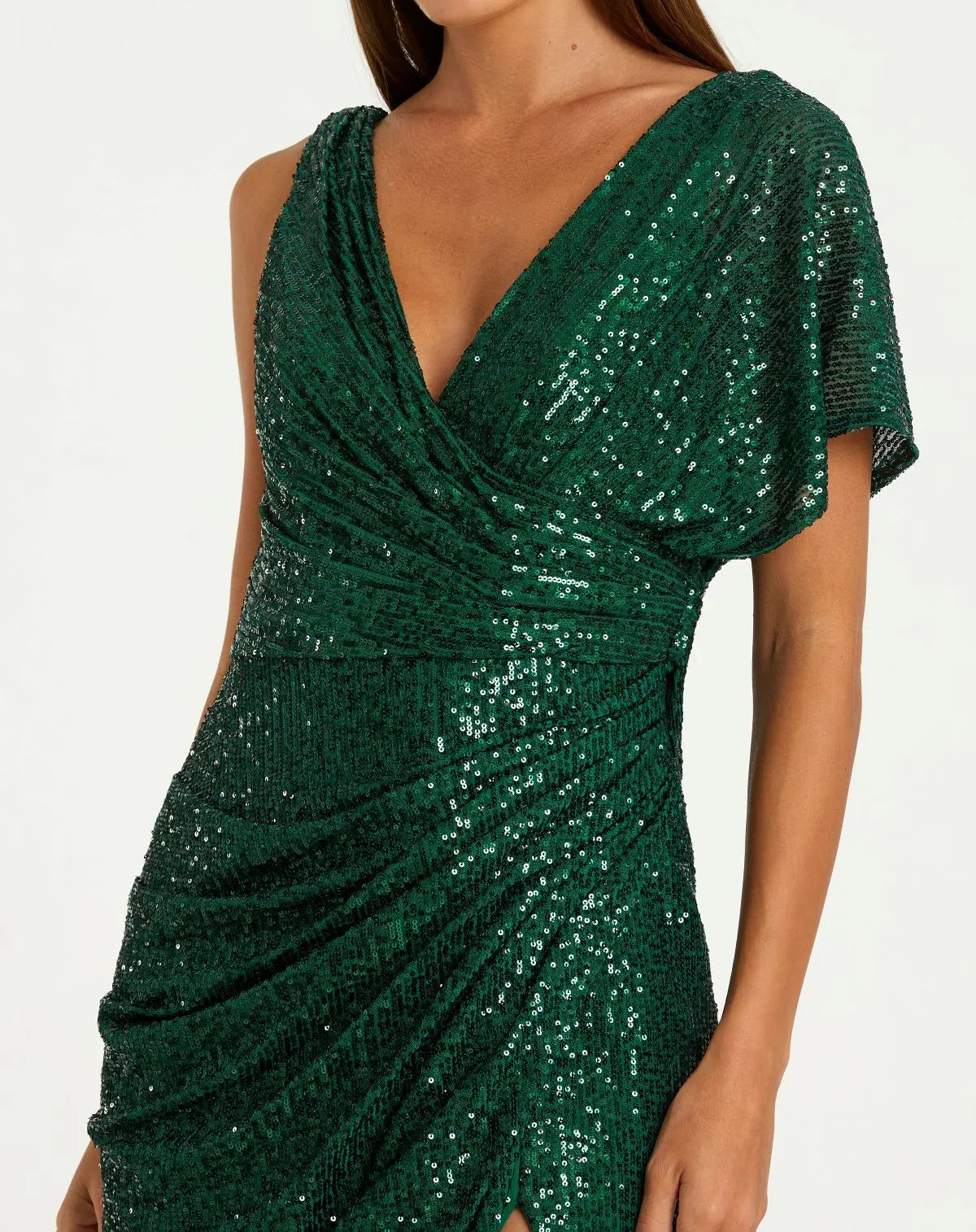 Green Sequined Asymmetrical Draped Trumpet Gown-Myartka