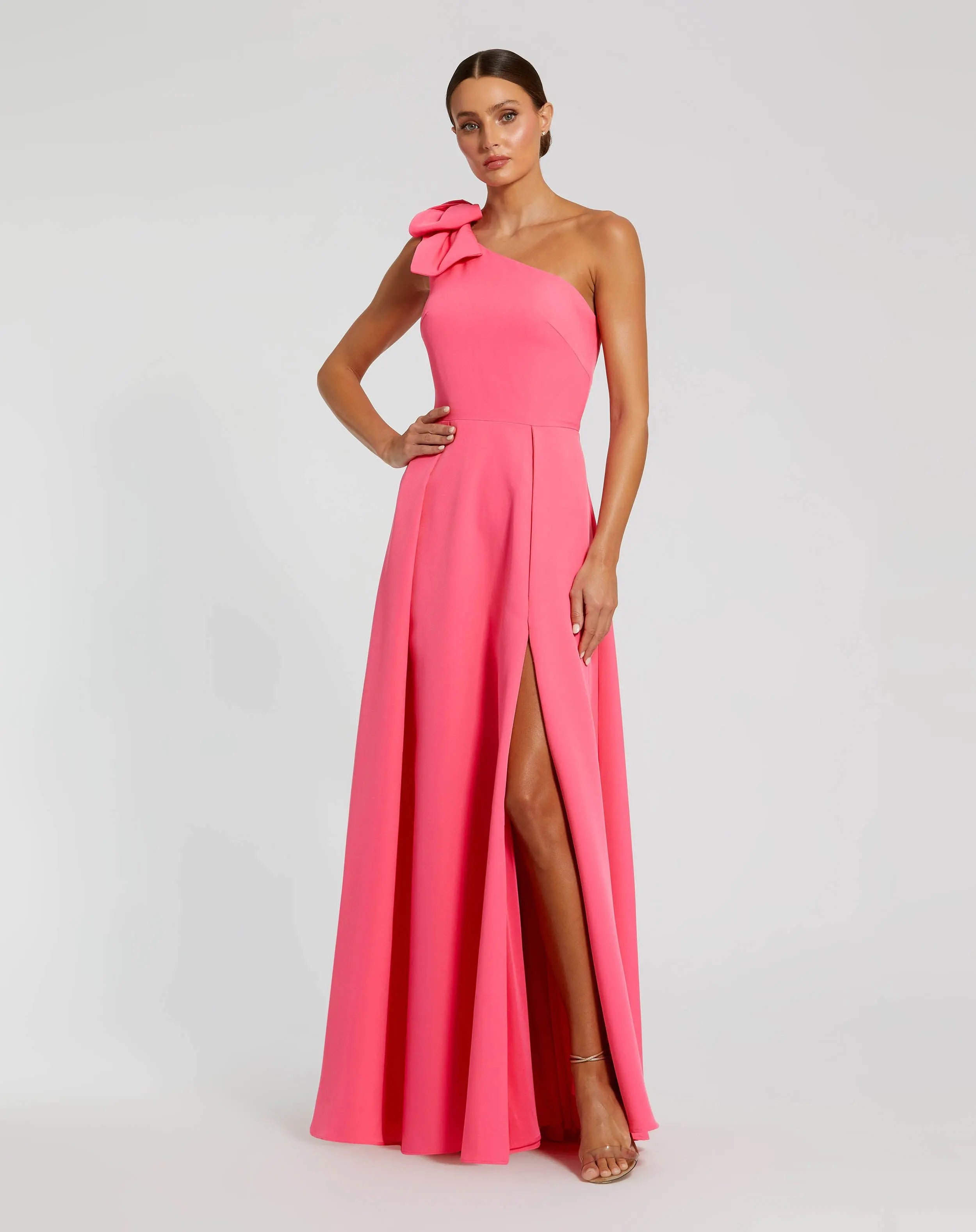 Pink Bow One Shoulder Sleeveless A-Line Gown-Myartka