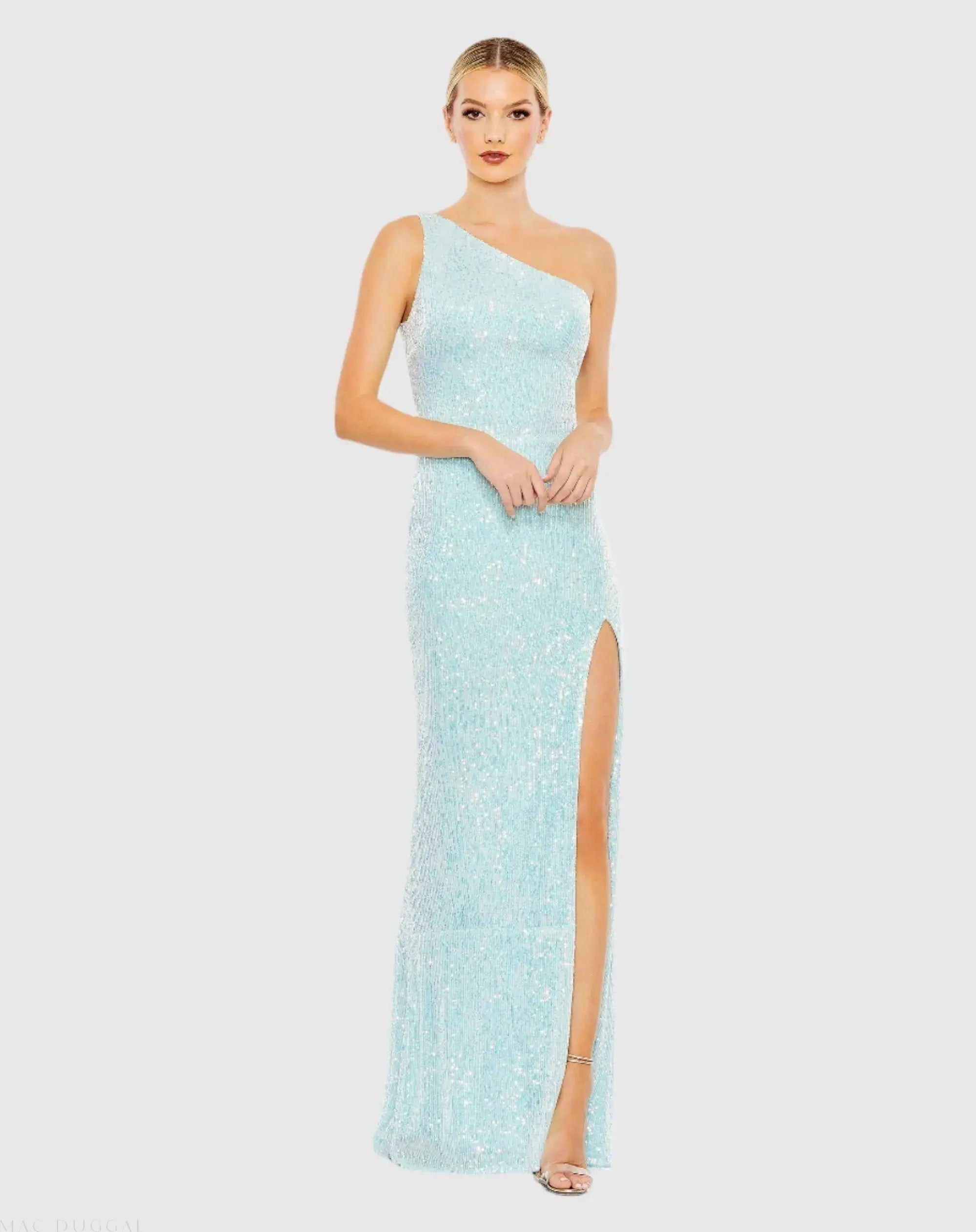 Blue Sequined One Shoulder Draped Back Gown-Myartka