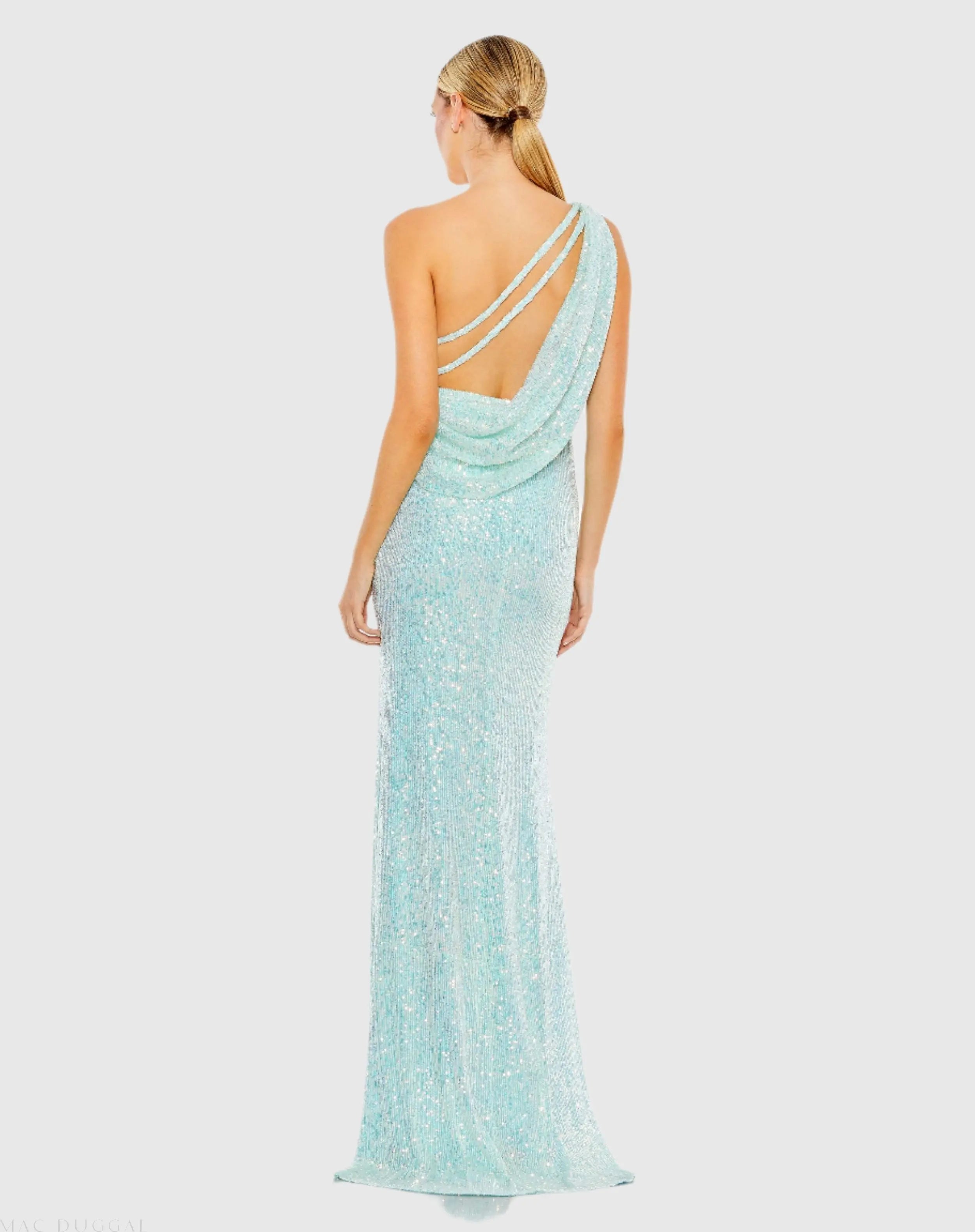 Blue Sequined One Shoulder Draped Back Gown-Myartka