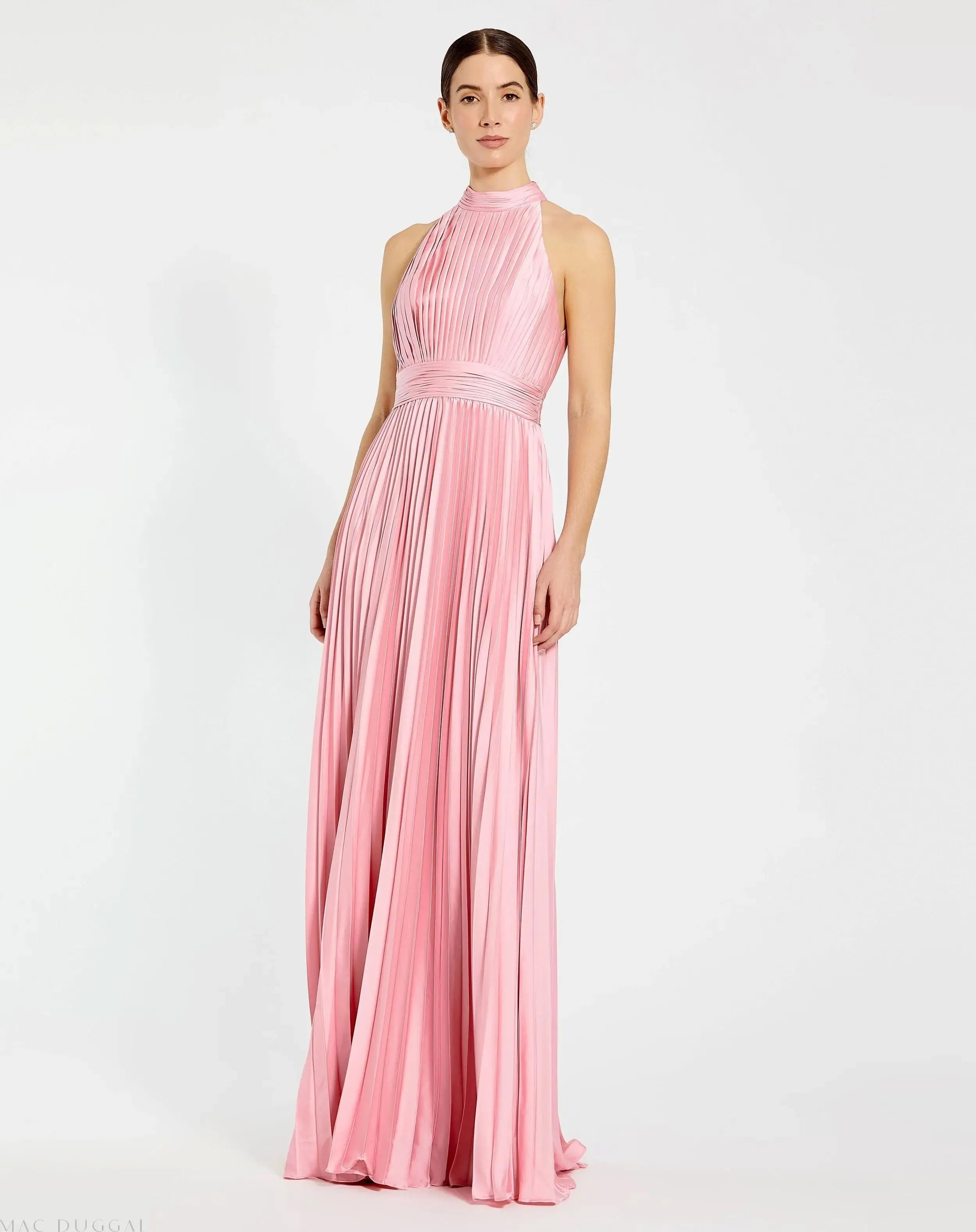 Pink Sleeveless Halter Neck Pleated Satin Gown-Myartka