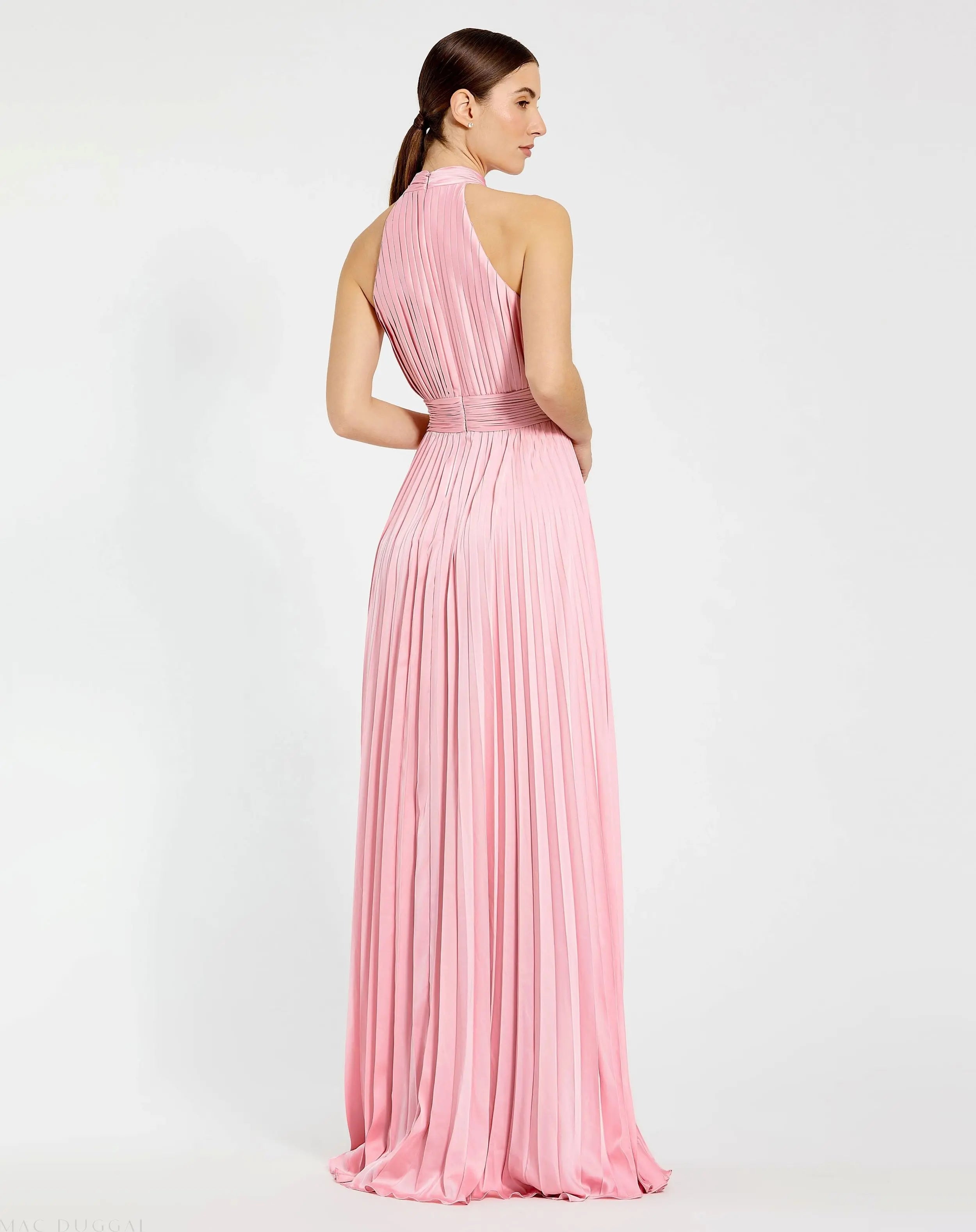 Pink Sleeveless Halter Neck Pleated Satin Gown-Myartka