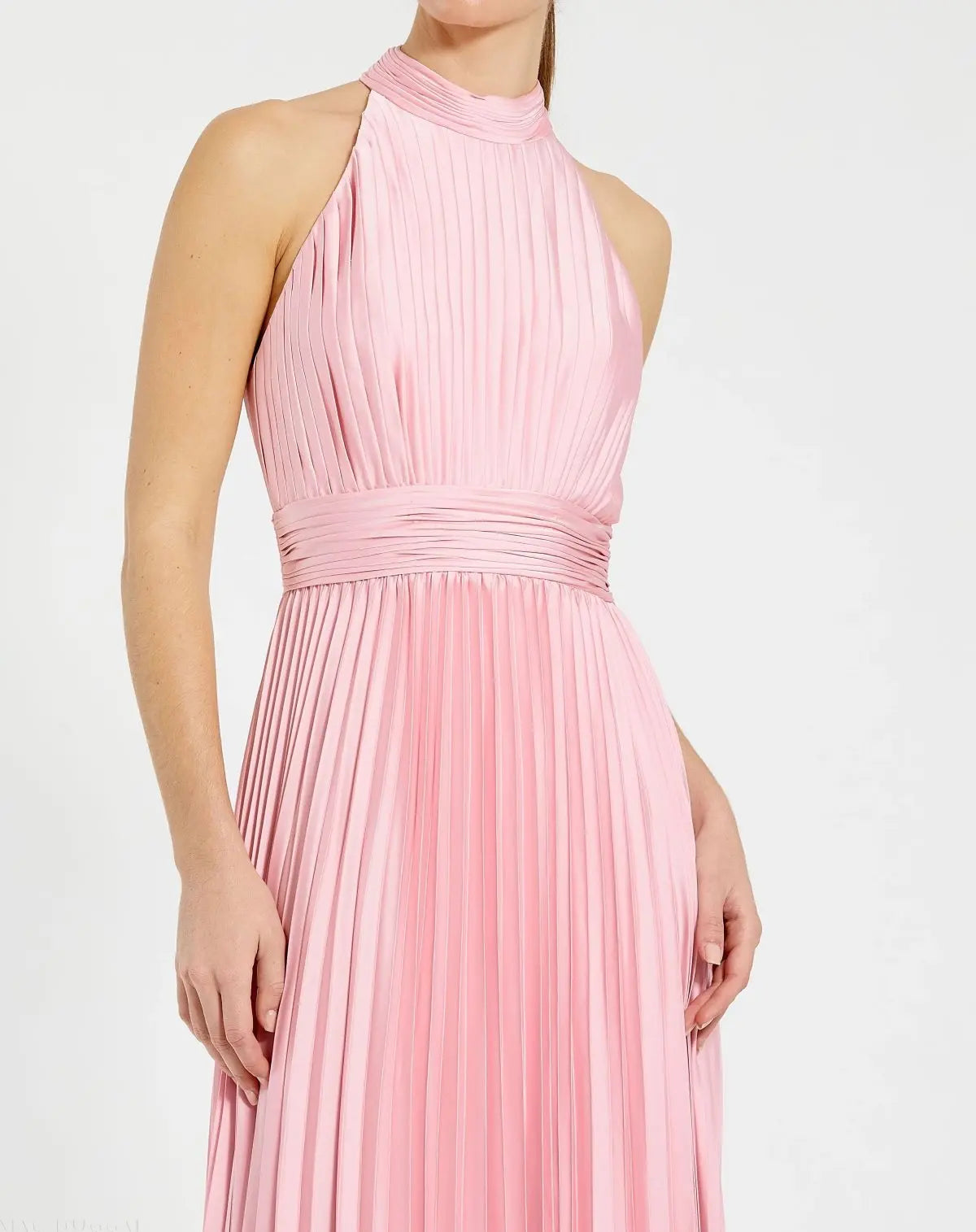 Pink Sleeveless Halter Neck Pleated Satin Gown-Myartka
