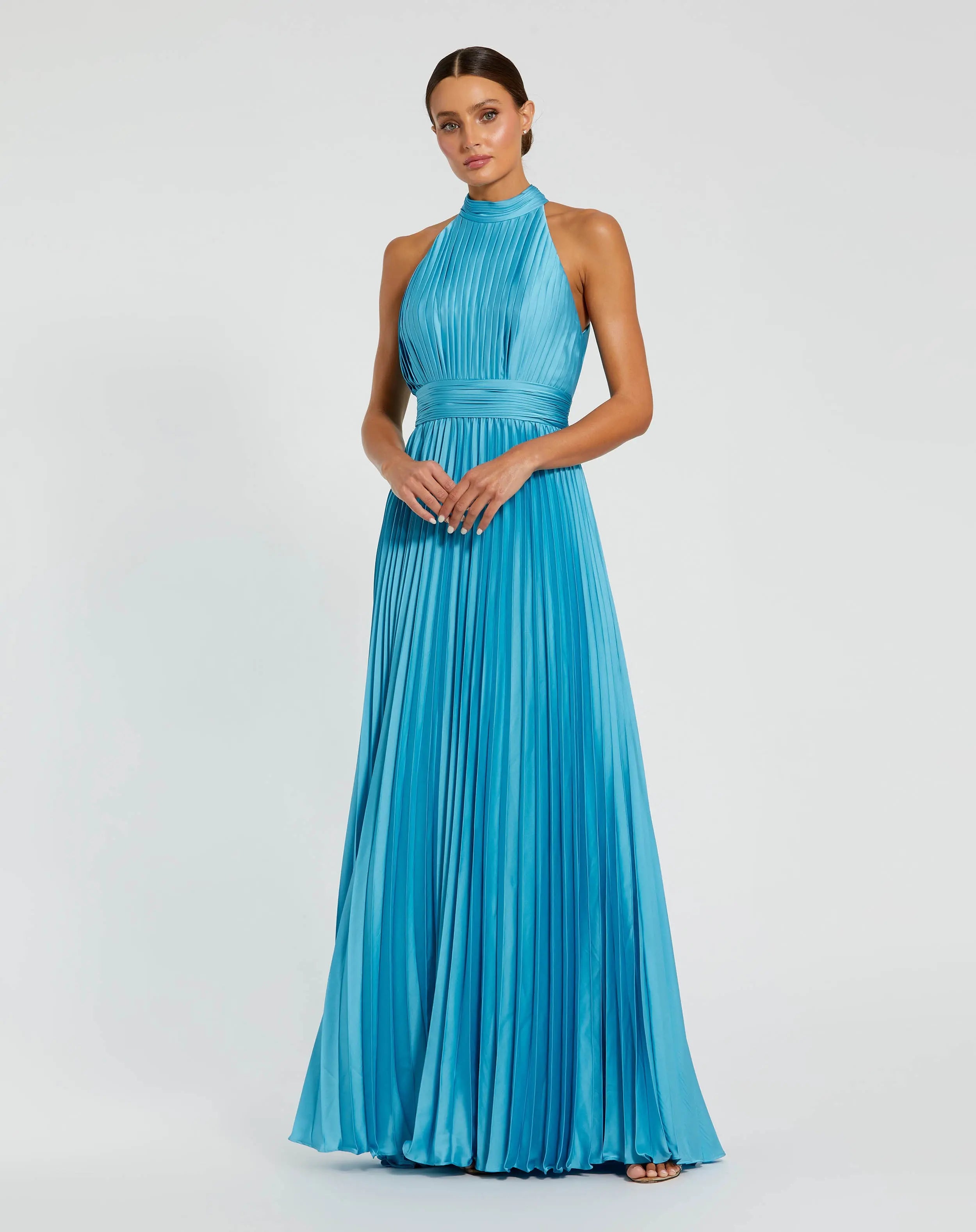 Blue Sleeveless Halter Neck Pleated Satin Gown-Myartka