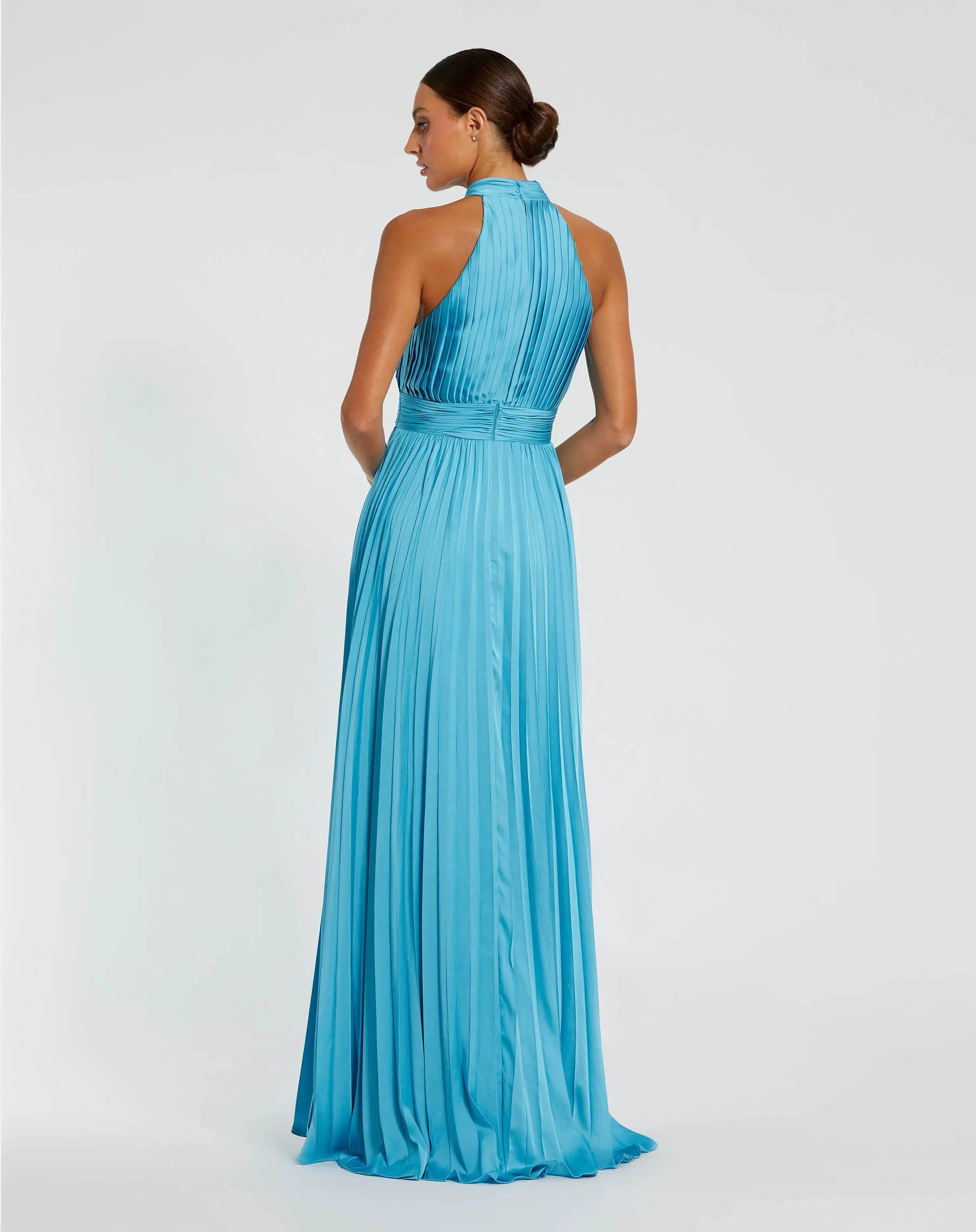 Blue Sleeveless Halter Neck Pleated Satin Gown-Myartka