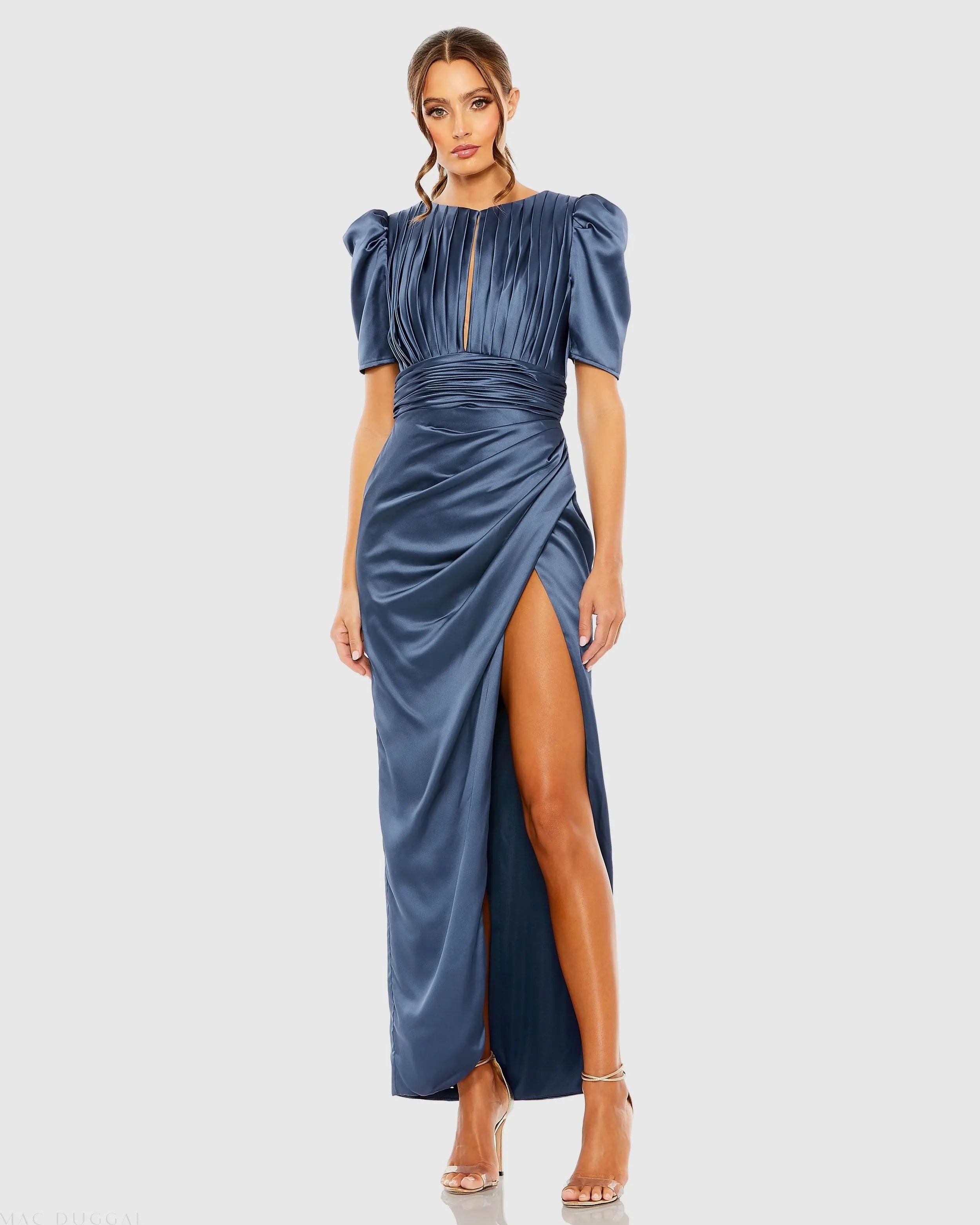 Blue Puff Sleeve Pleated Bodice Draped Gown-Myartka