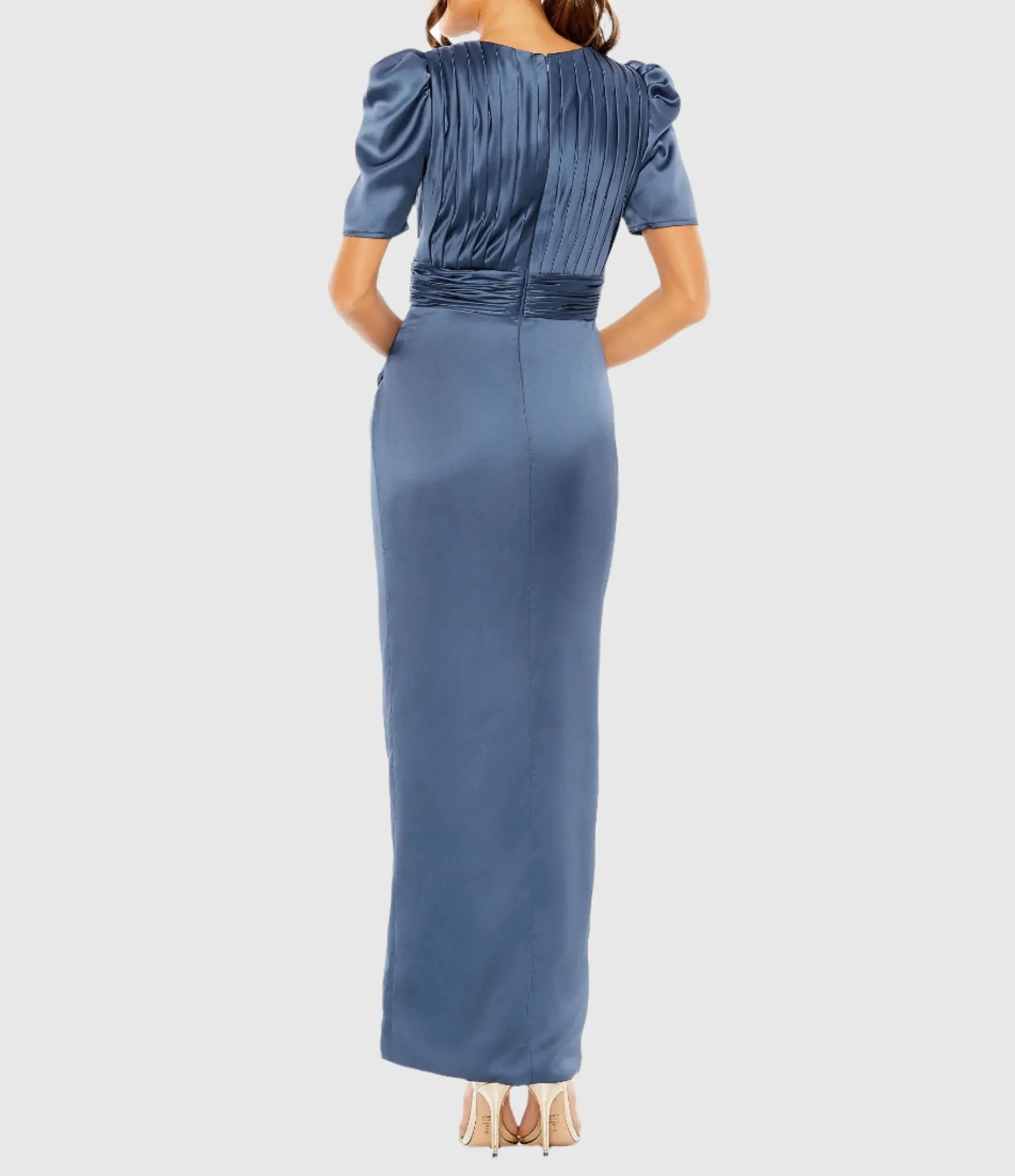 Blue Puff Sleeve Pleated Bodice Draped Gown-Myartka