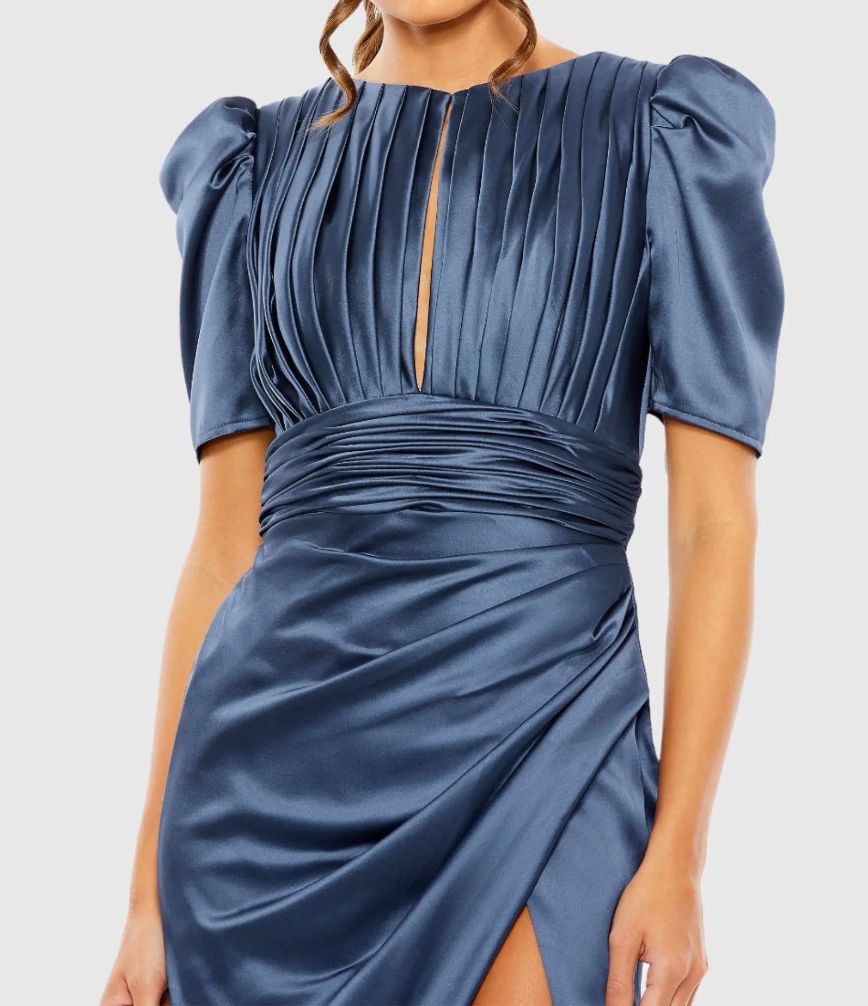 Blue Puff Sleeve Pleated Bodice Draped Gown-Myartka