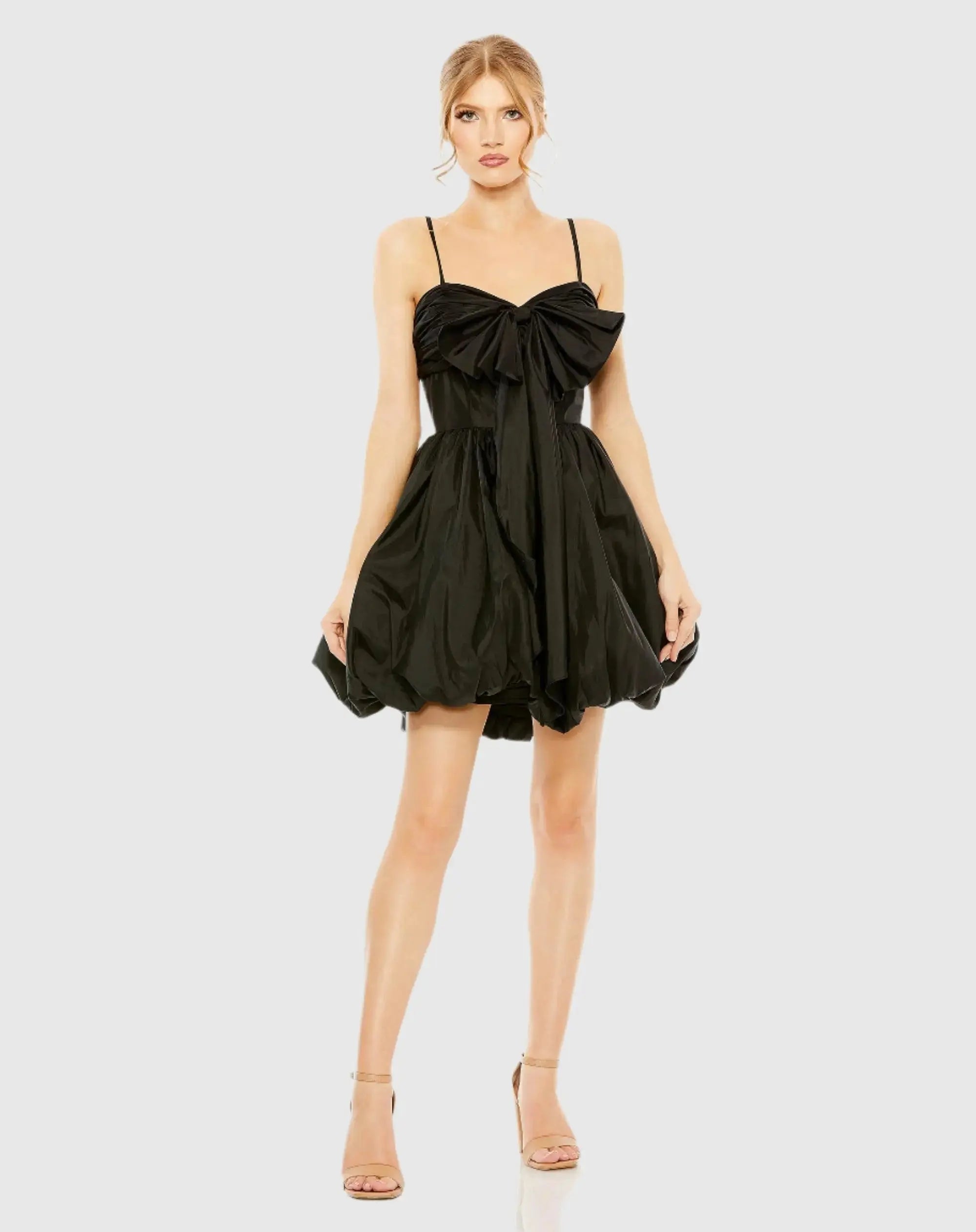 Spaghetti Strap Center Bow Balloon Mini Dress-Myartka