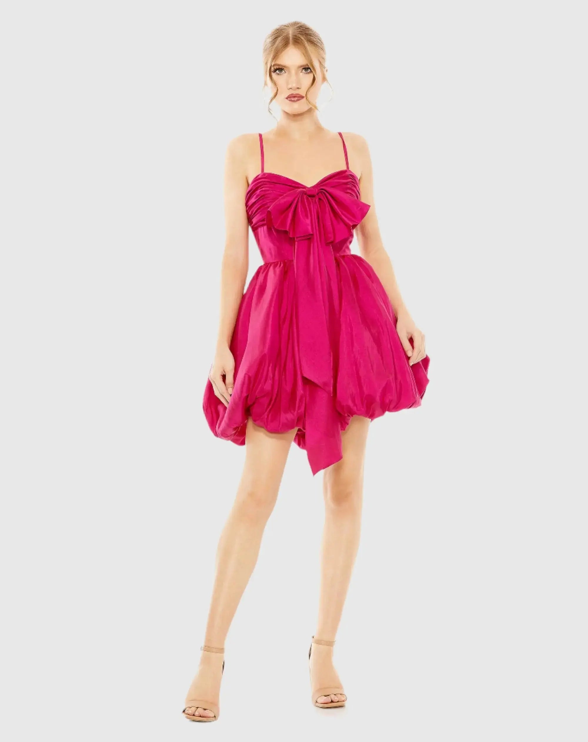 Spaghetti Strap Center Bow Balloon Mini Dress-Myartka