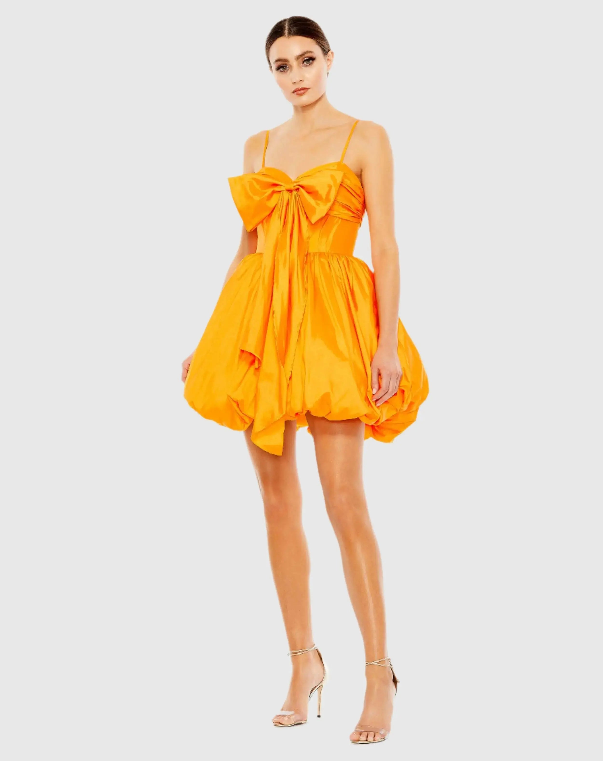 Orange Spaghetti Strap Center Bow Balloon Mini Dress-Myartka