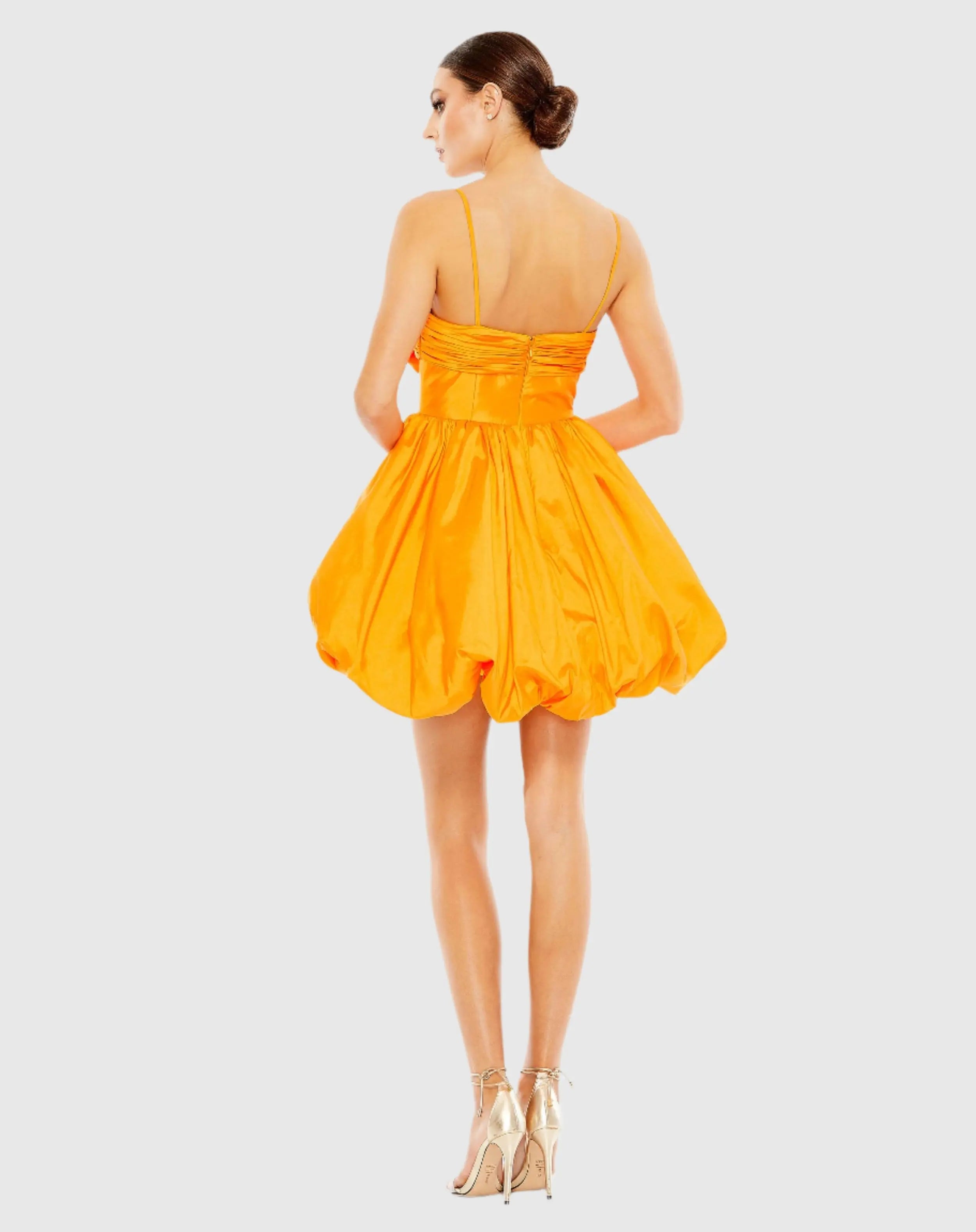 Orange Spaghetti Strap Center Bow Balloon Mini Dress-Myartka