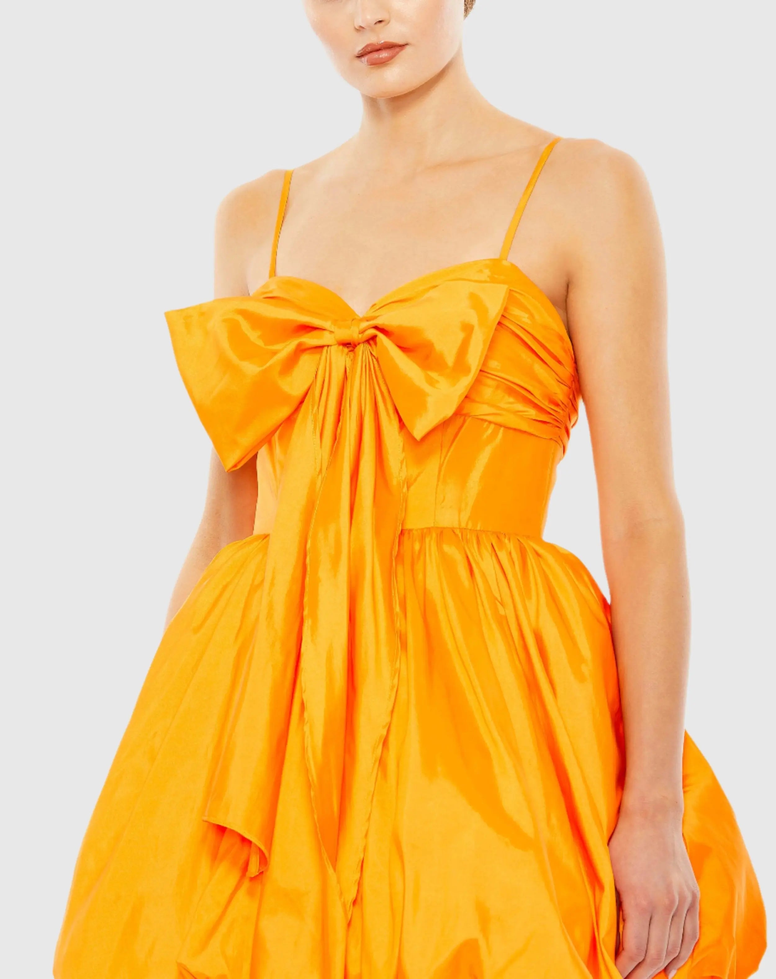 Orange Spaghetti Strap Center Bow Balloon Mini Dress-Myartka
