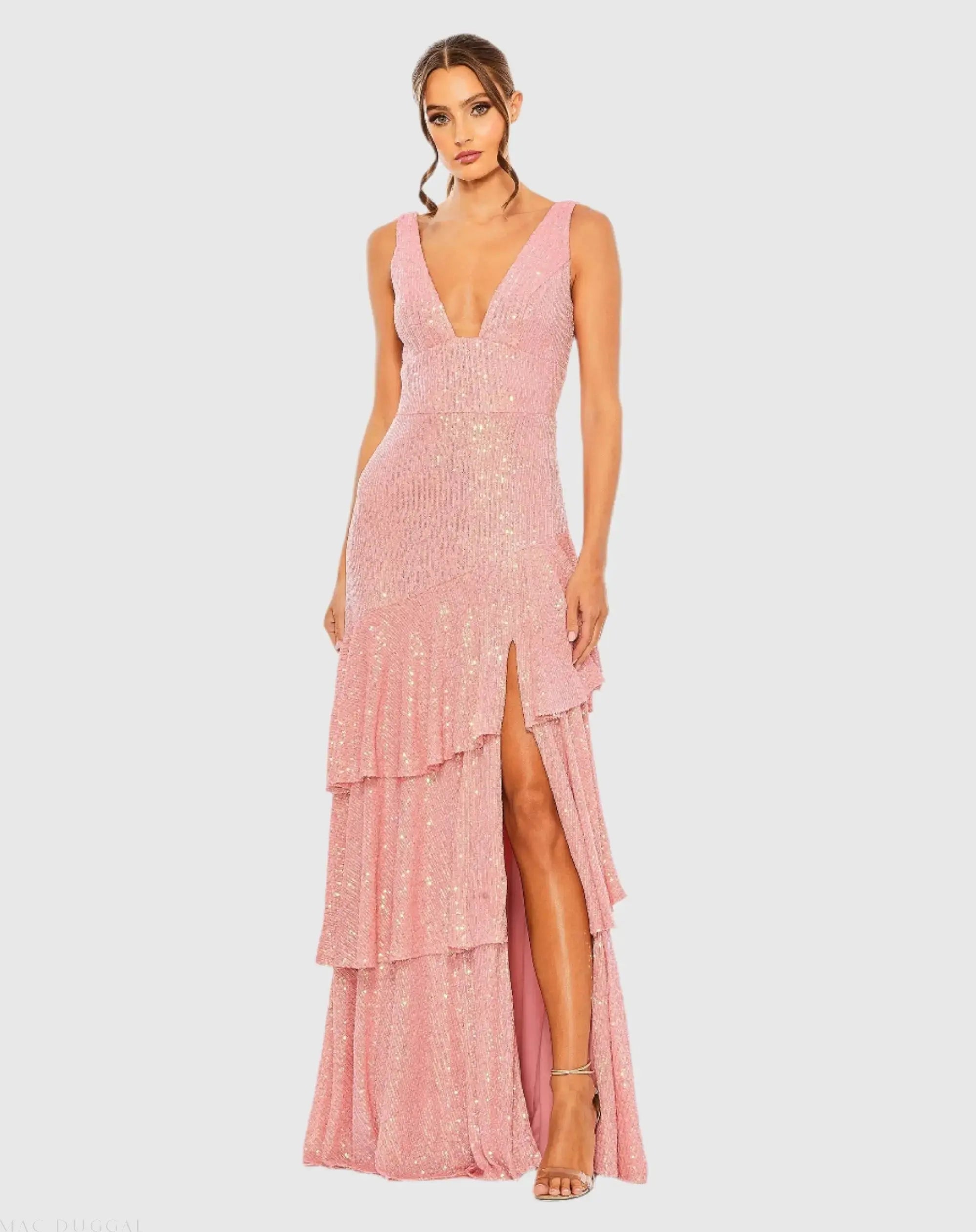 Sequin Asymmetrical Ruffle Tiered Gown-Myartka