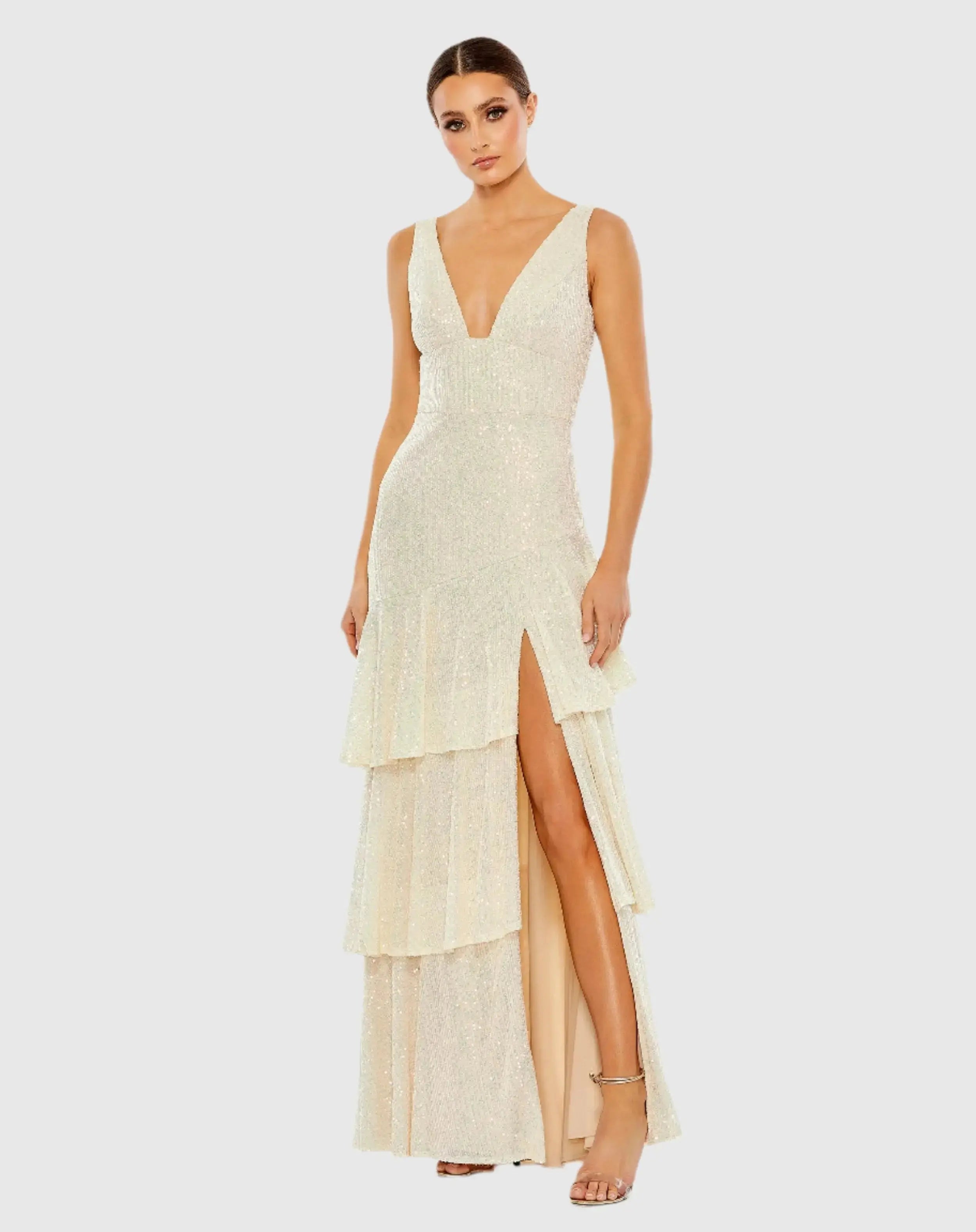Sequin Asymmetrical Ruffle Tiered Gown-Myartka