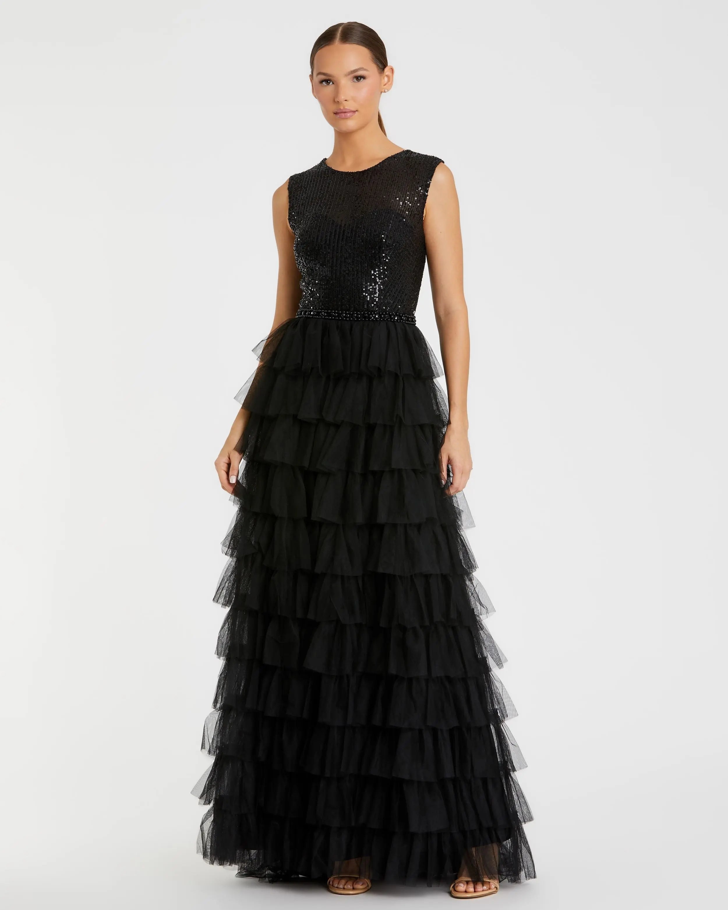 Black Ruffle Tiered High Neck Sequined Gown-Myartka