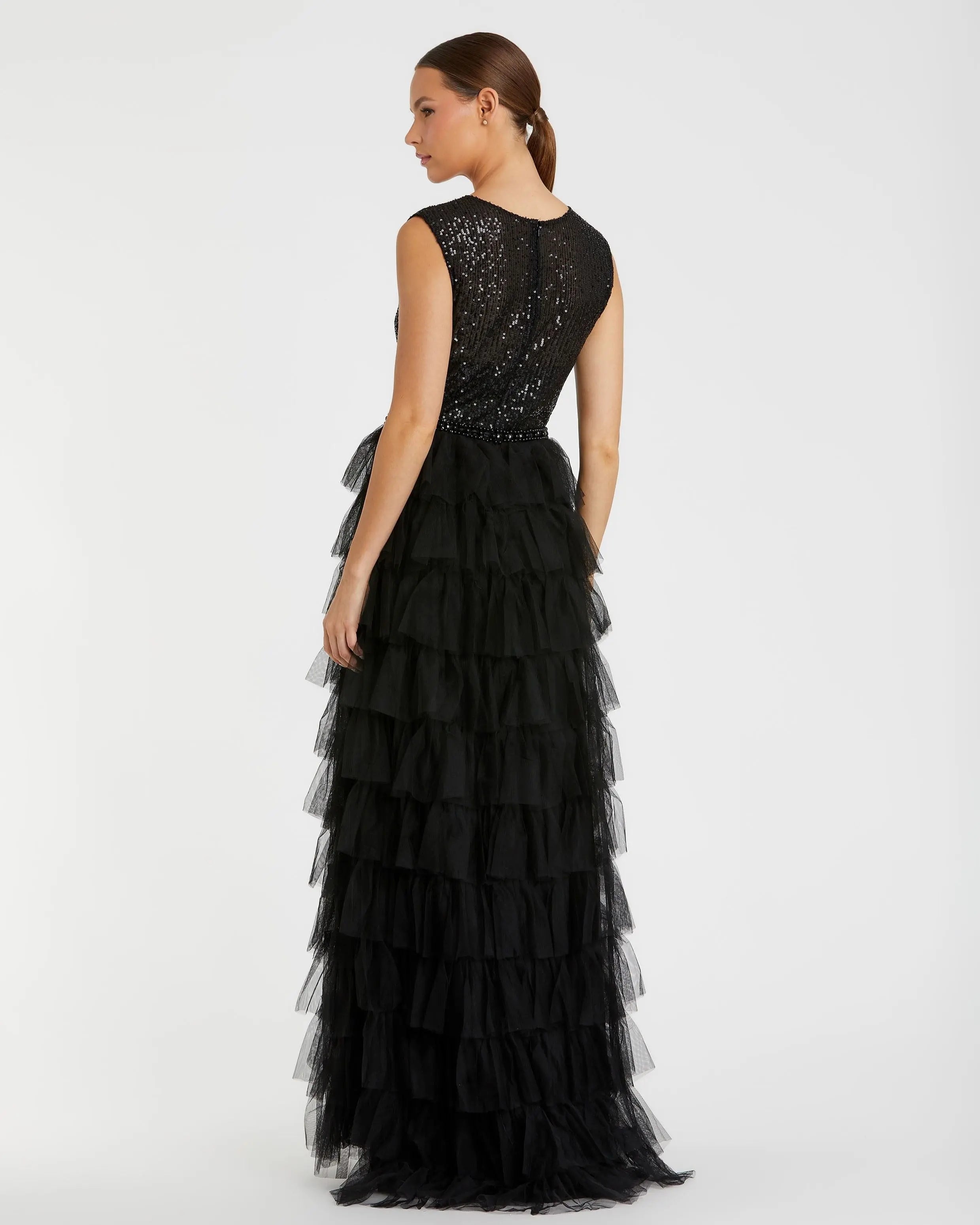 Black Ruffle Tiered High Neck Sequined Gown-Myartka