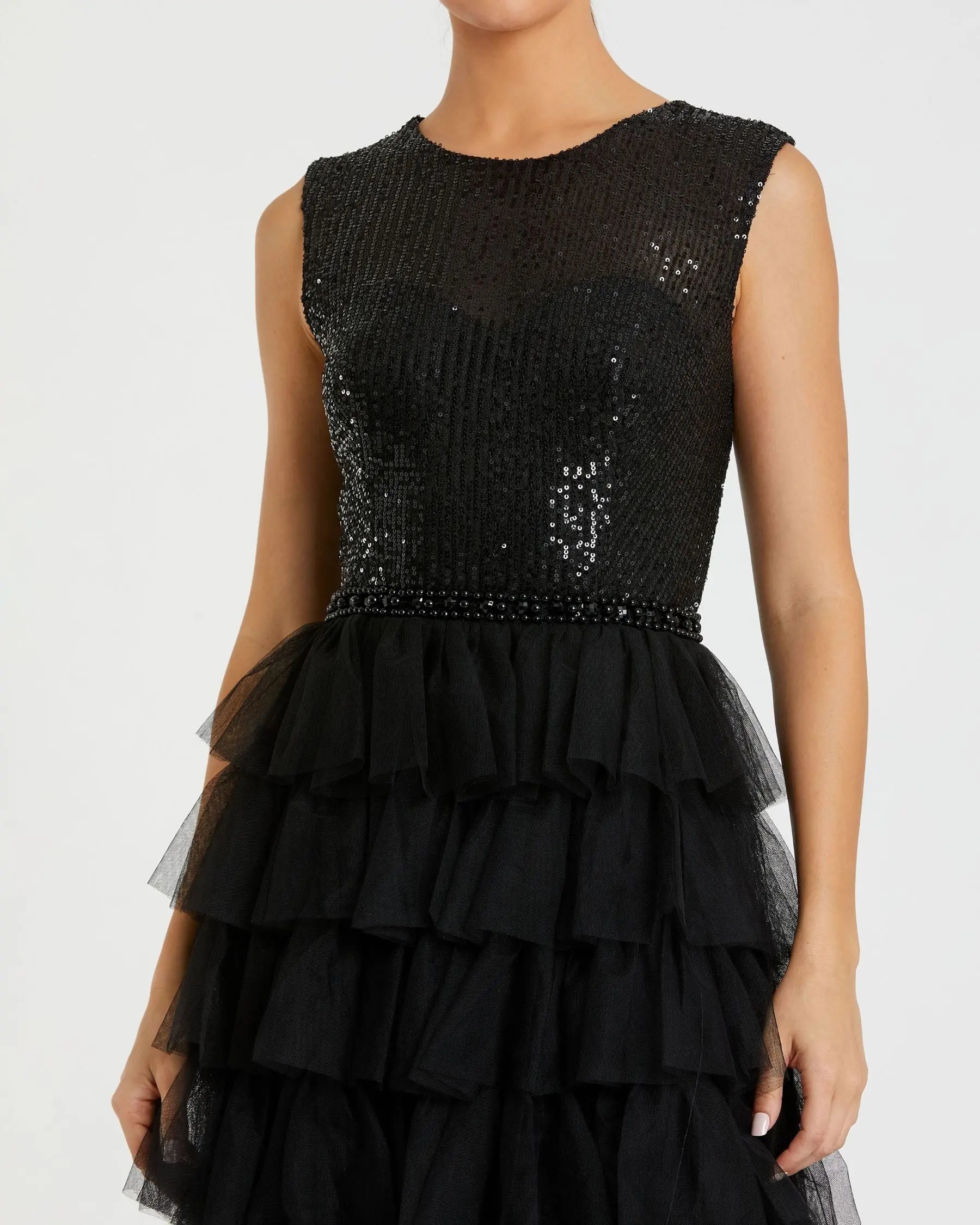 Black Ruffle Tiered High Neck Sequined Gown-Myartka