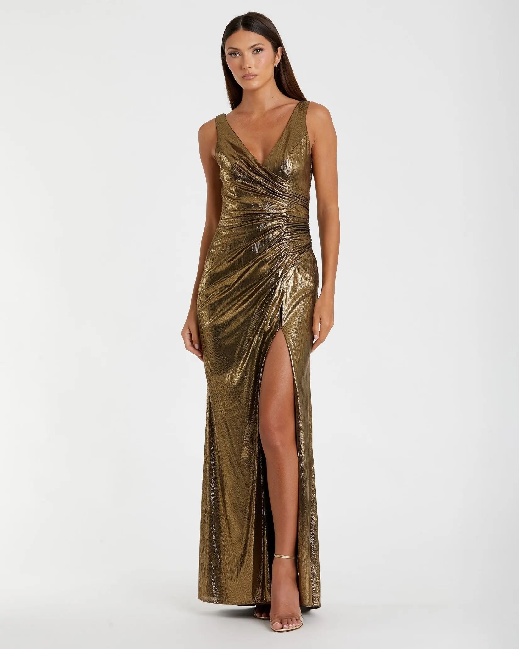 Gold Metallic Ruched Front Slip V-Neck Gown-Myartka
