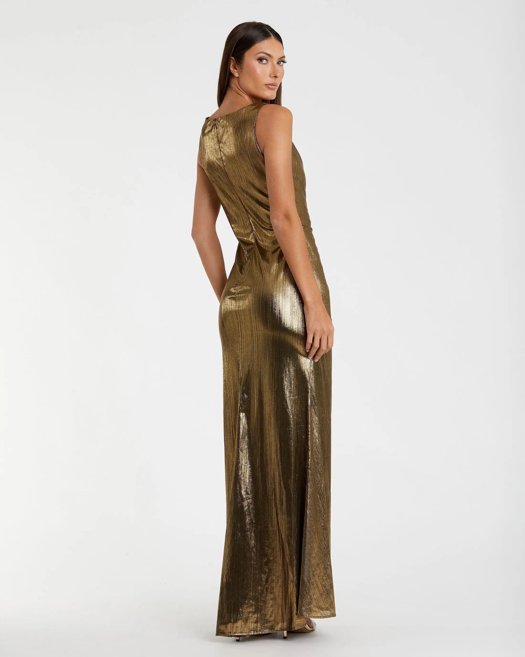 Gold Metallic Ruched Front Slip V-Neck Gown-Myartka