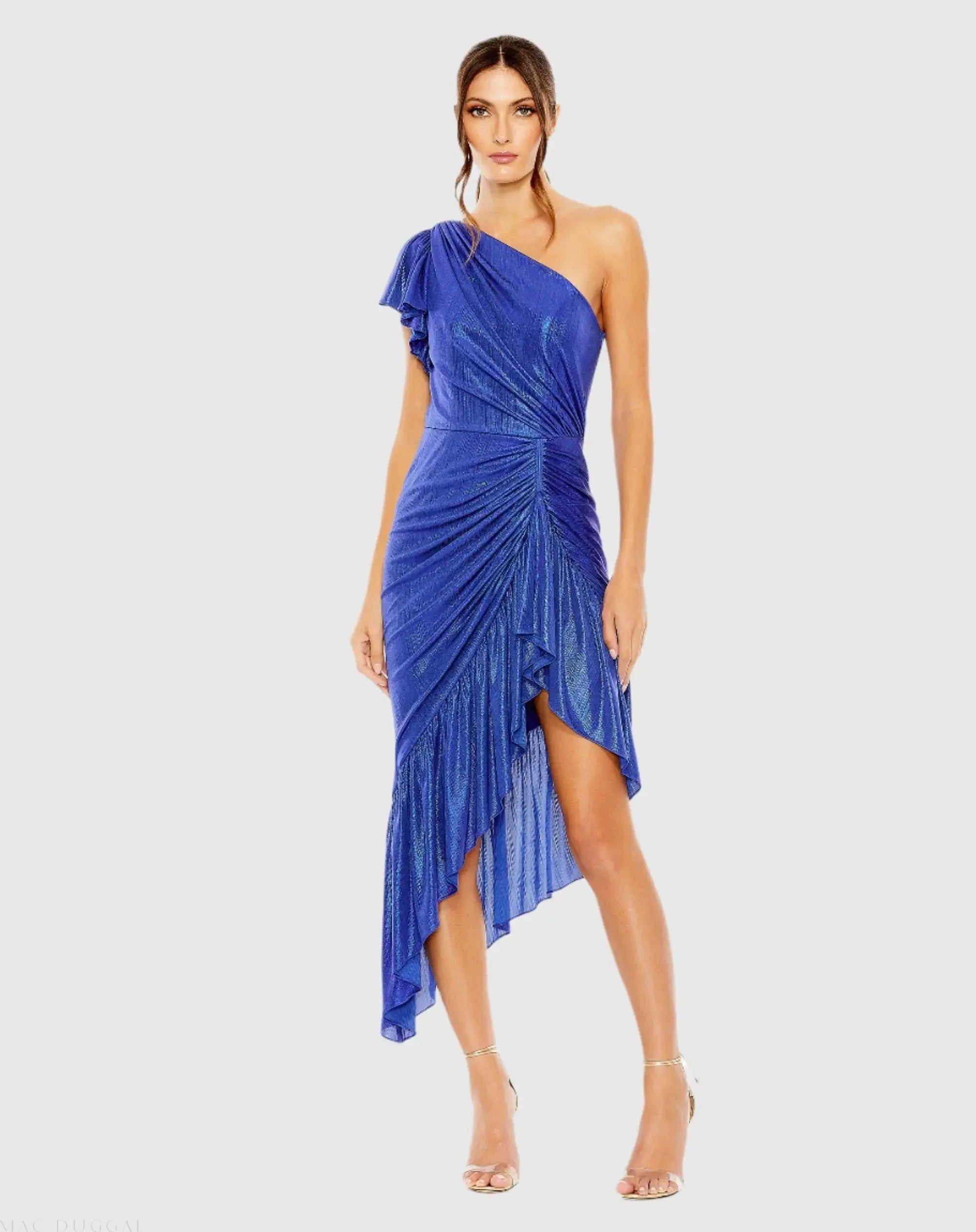 Blue One Shoulder Flutter Sleeve High Low Dress - FINAL SALE-Myartka