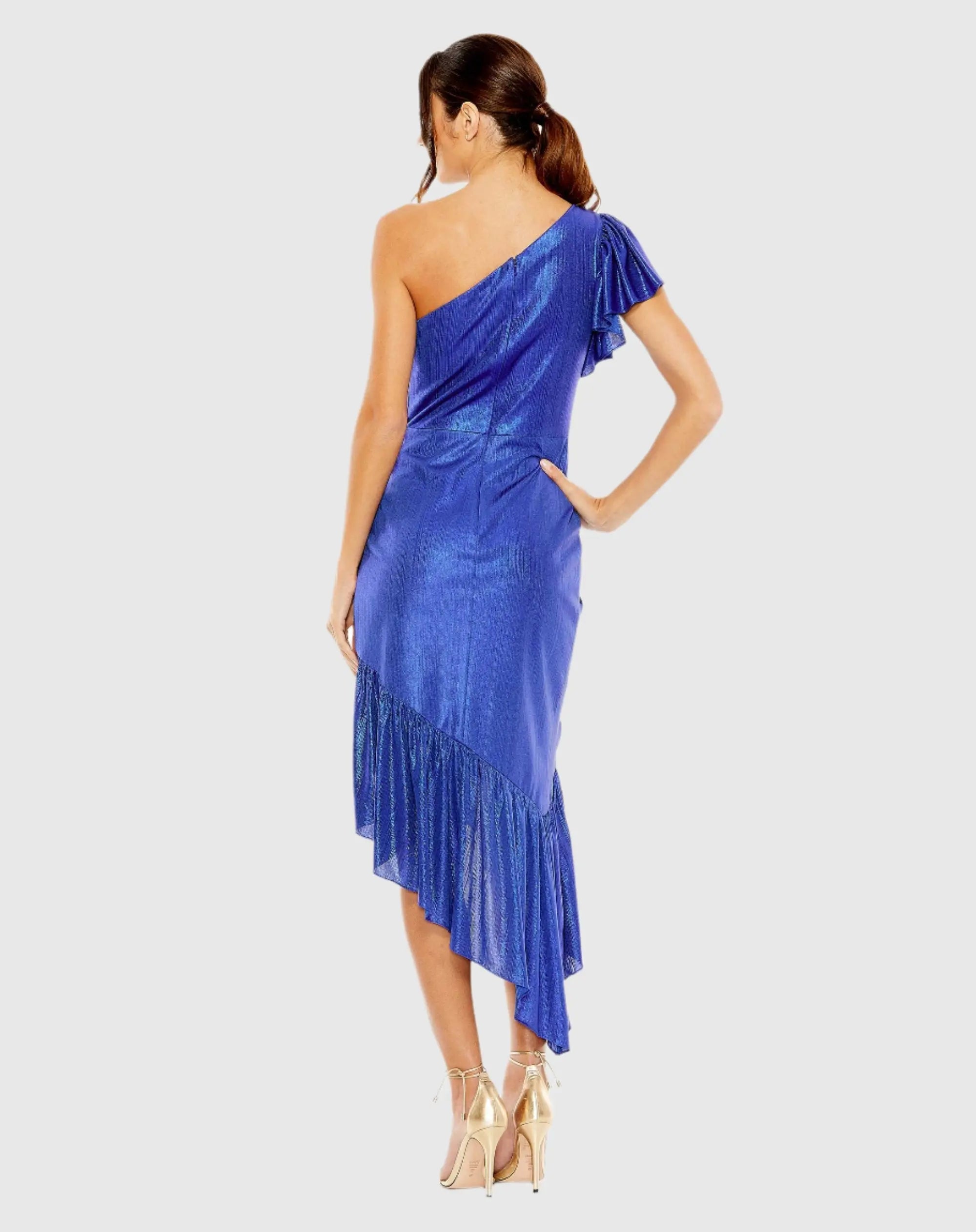 Blue One Shoulder Flutter Sleeve High Low Dress - FINAL SALE-Myartka
