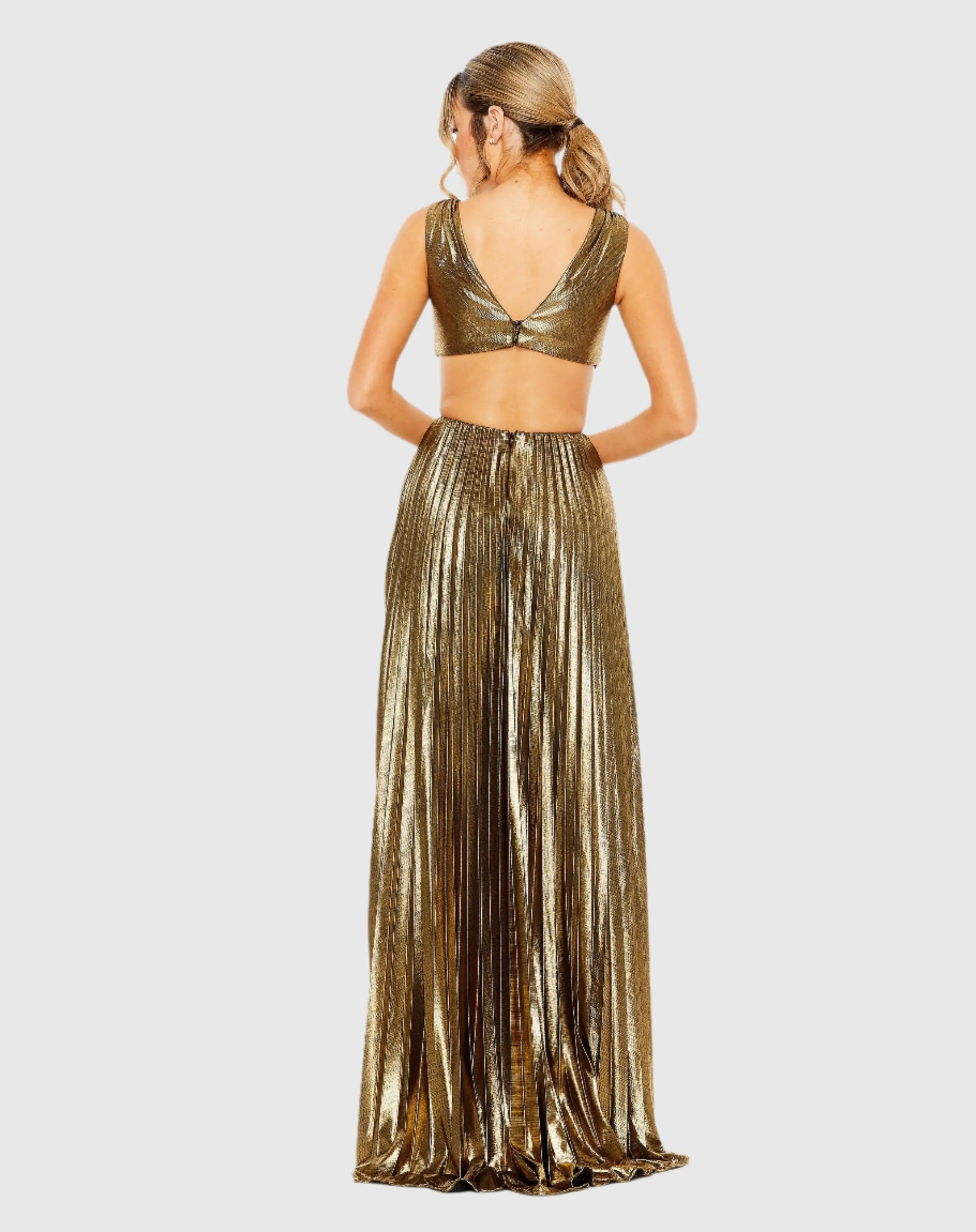 Gold Pleated Metallic Cutout Gown-Myartka