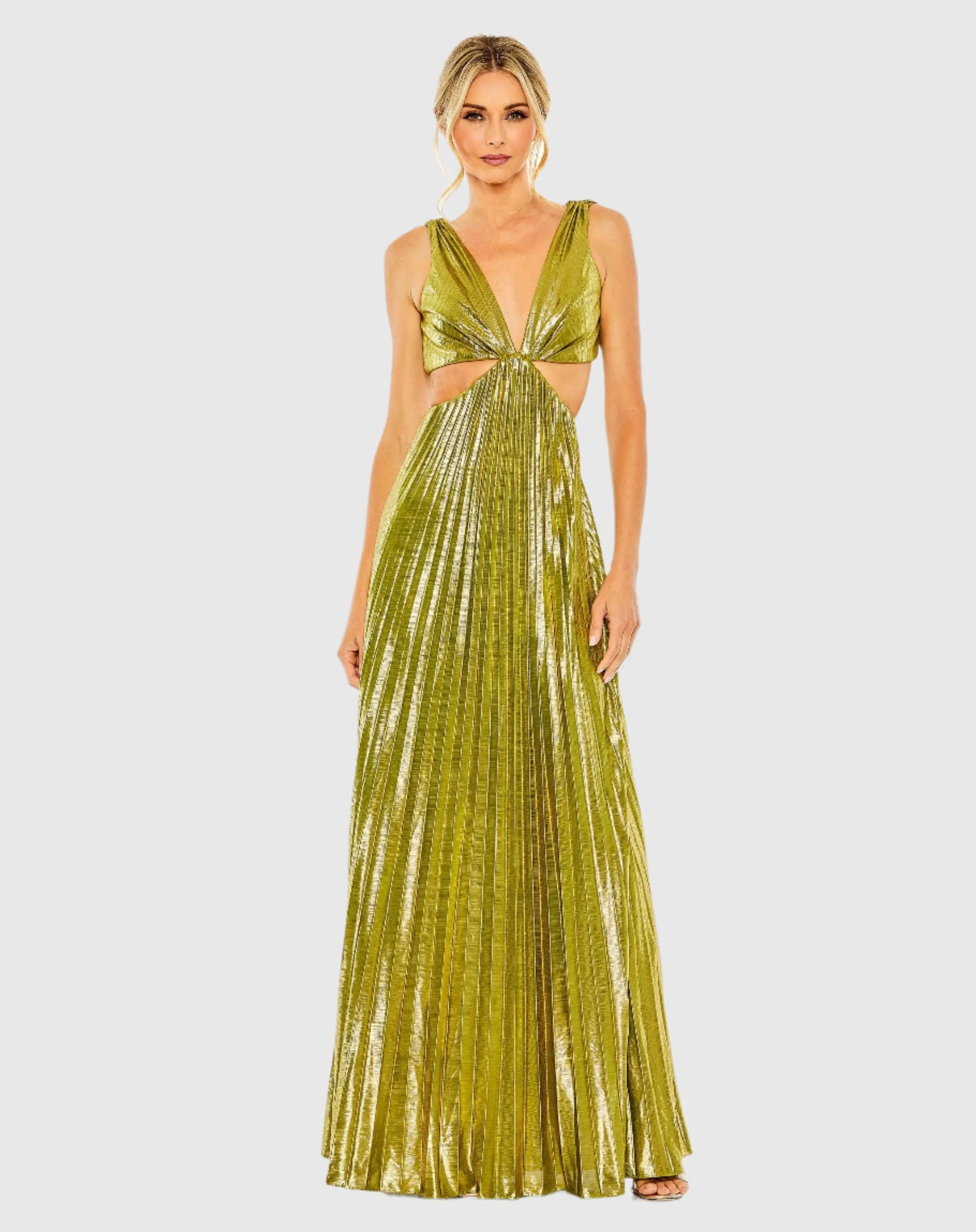 Green Pleated Metallic Cutout Gown-Myartka