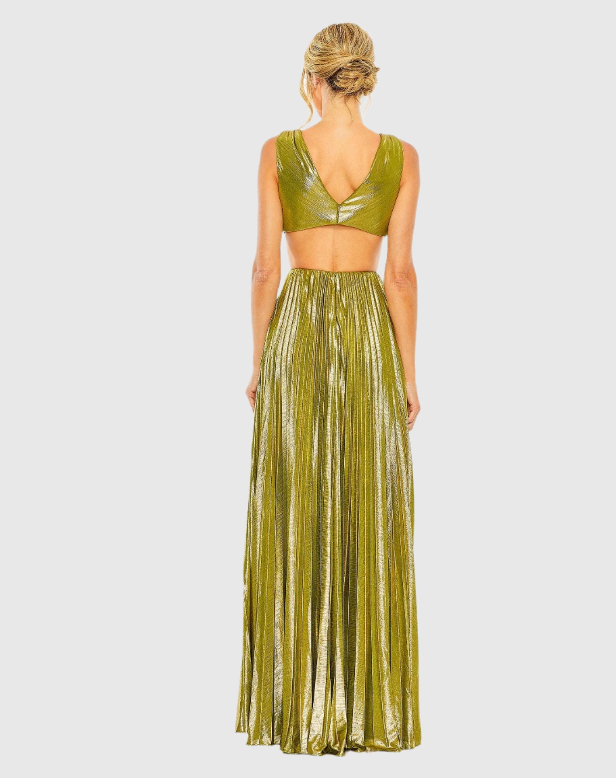 Green Pleated Metallic Cutout Gown-Myartka